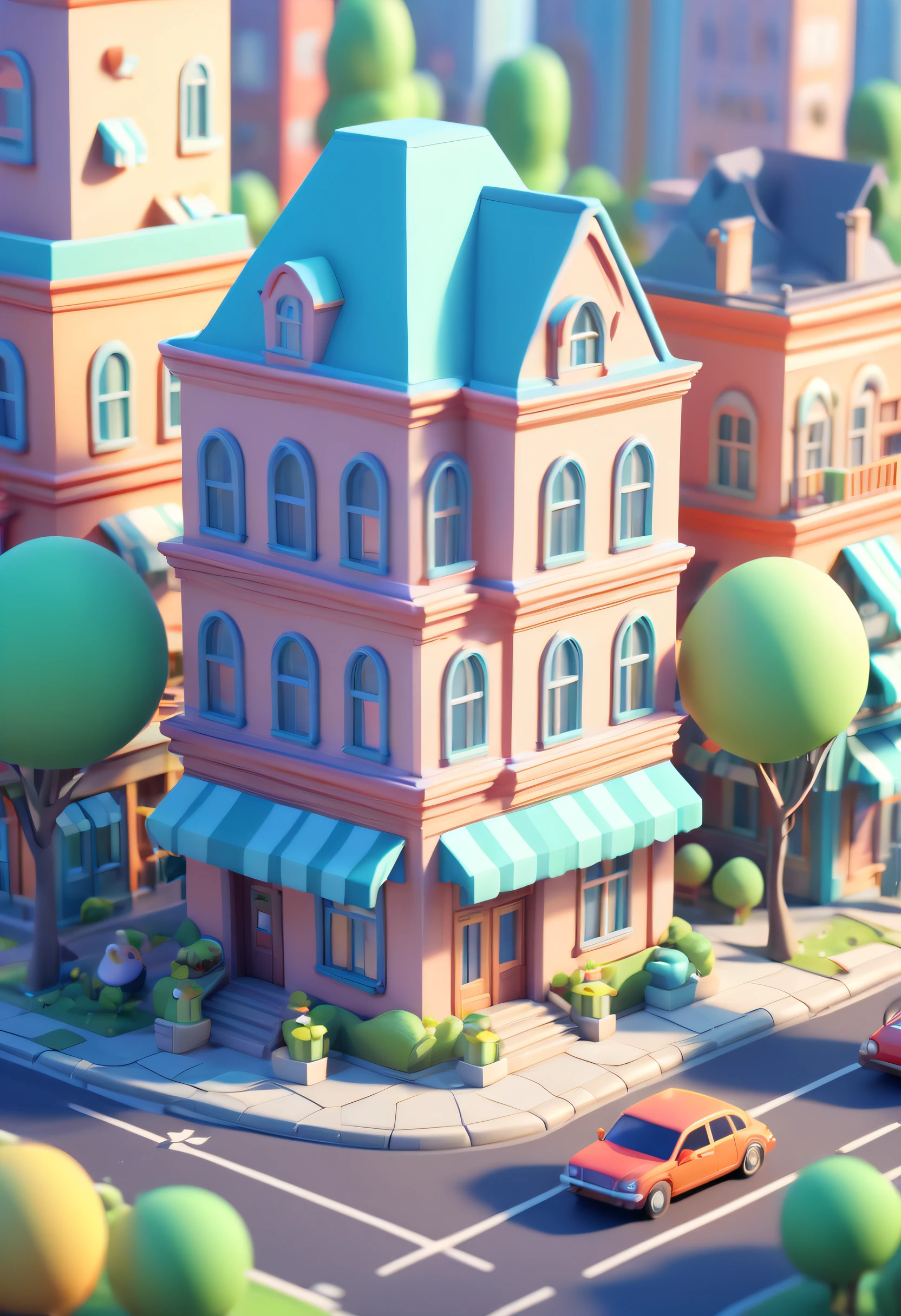 the 3d city scene includes a lowbudget building and car, in the style of playful cartoon illustrations, soft smooth lighting, 3d blender render, rich background, isometric, dreamy landscapes, 4k UHD, tilt,soft edges and blurred details, cartel core style, cute and dreamy, animated shapes, meticulous design