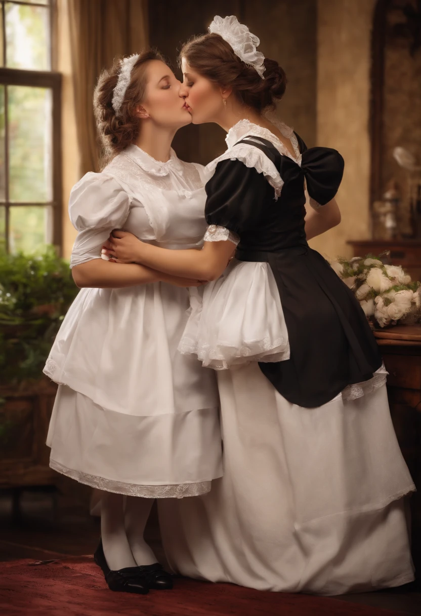 girls maid loving each other, passionately kissing, feeling ???????, realistic