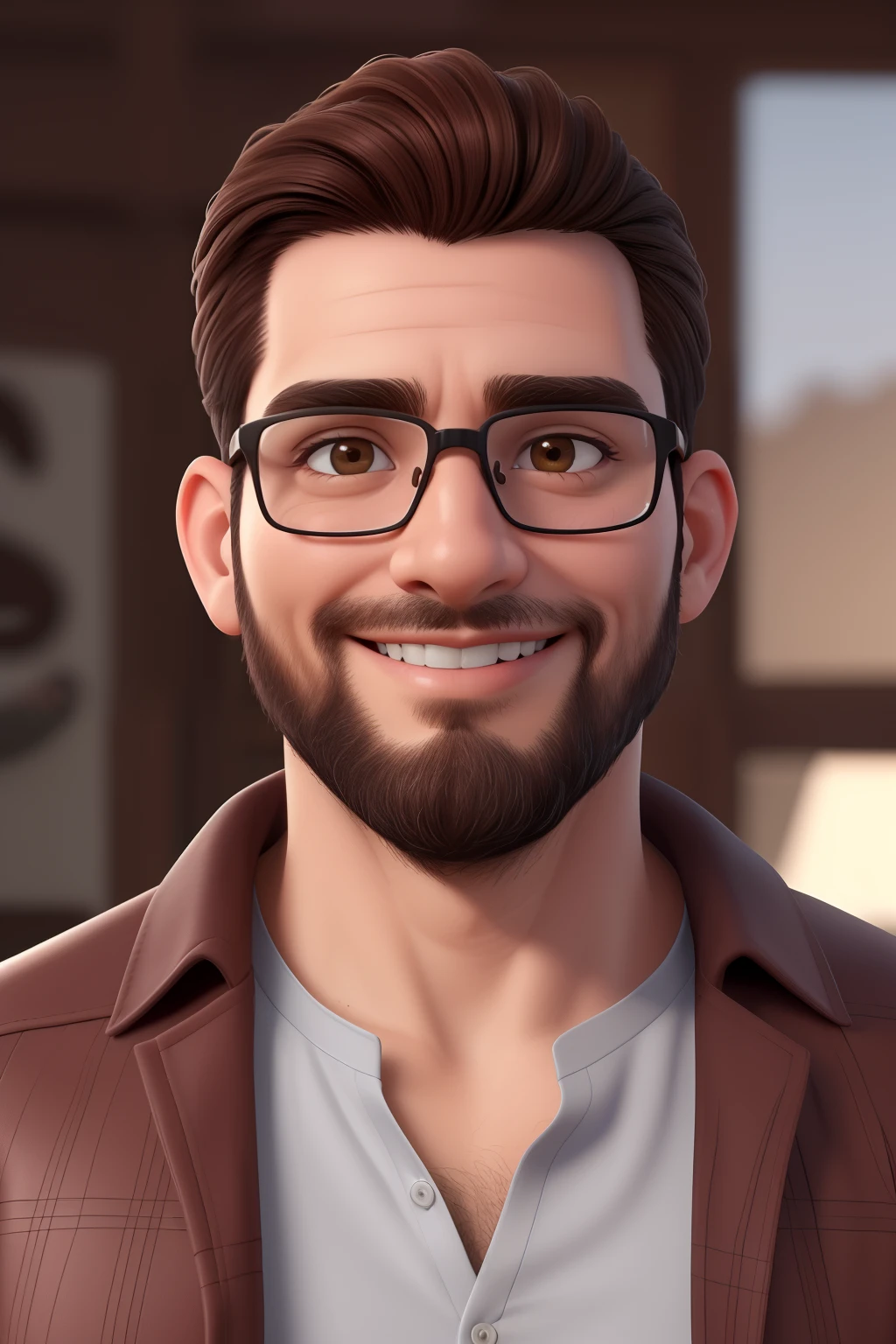 (best quality,4k,8k,Altas,master part:1.2), ultra-detalhado, Realistic:1.37, retrato, macho, 42 anos, Rosto redondo, sorriso encantador, brown eyes with glasses, medium black hair, vidros transparentes