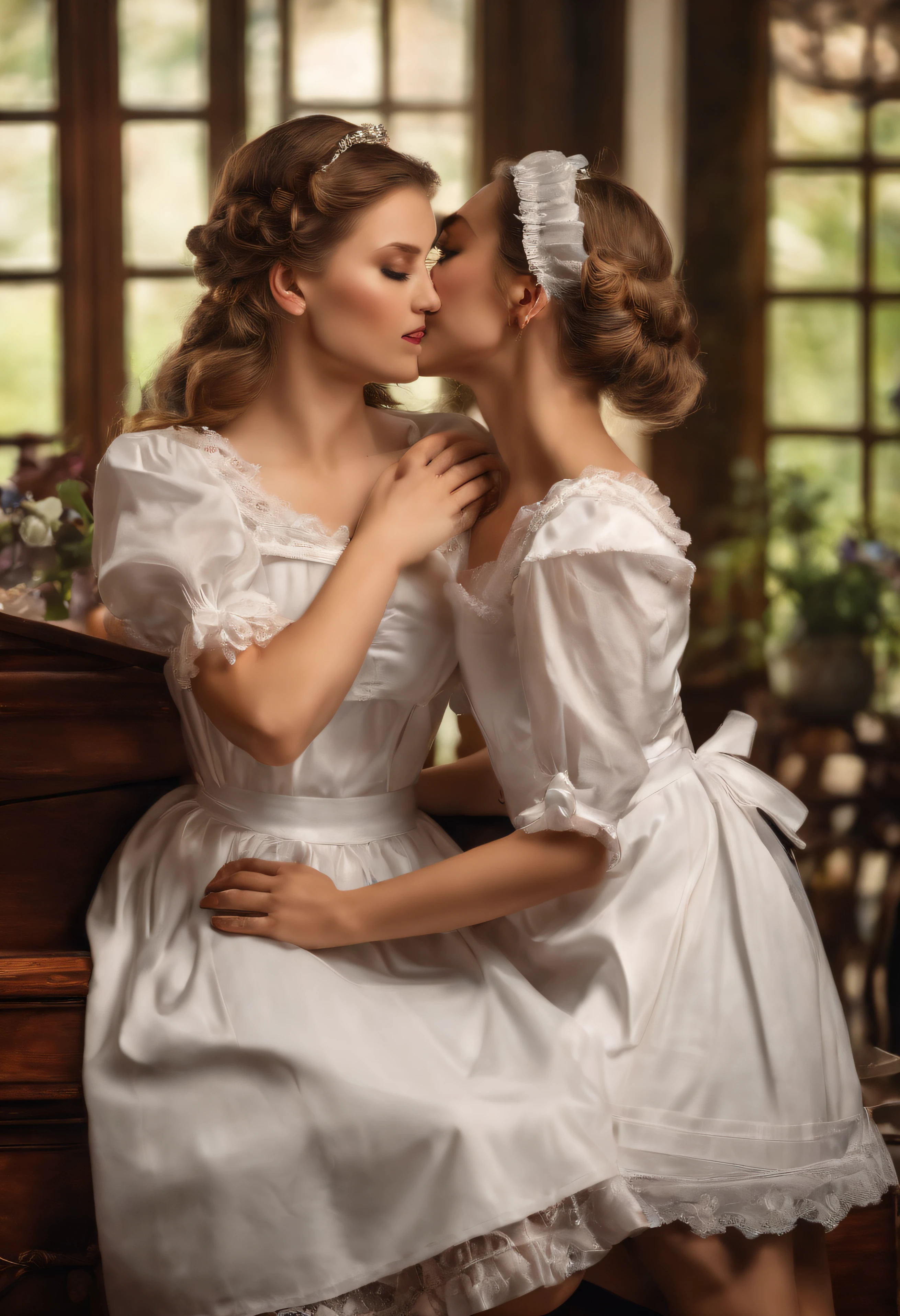 girls maid loving each other, passionately kissing, feeling breasts, realistic