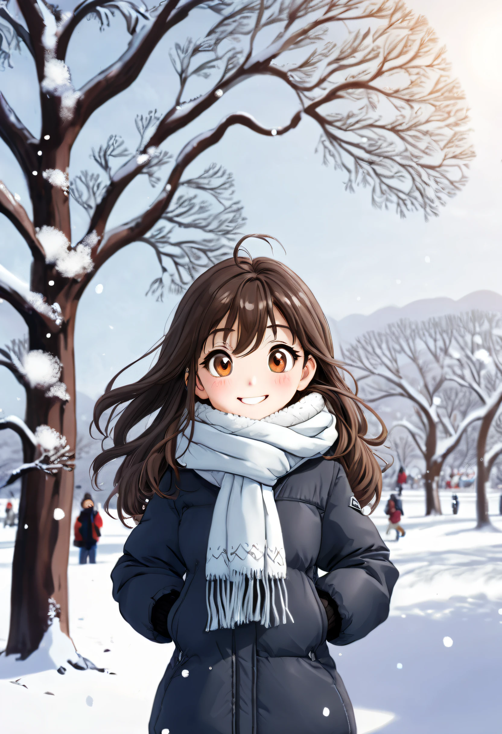 Girl, Long hair, face round, Big eyes, down jacket, Smile, Scarf, winter, park, yukito, White snow, tree, snow cover, in a panoramic view, Front