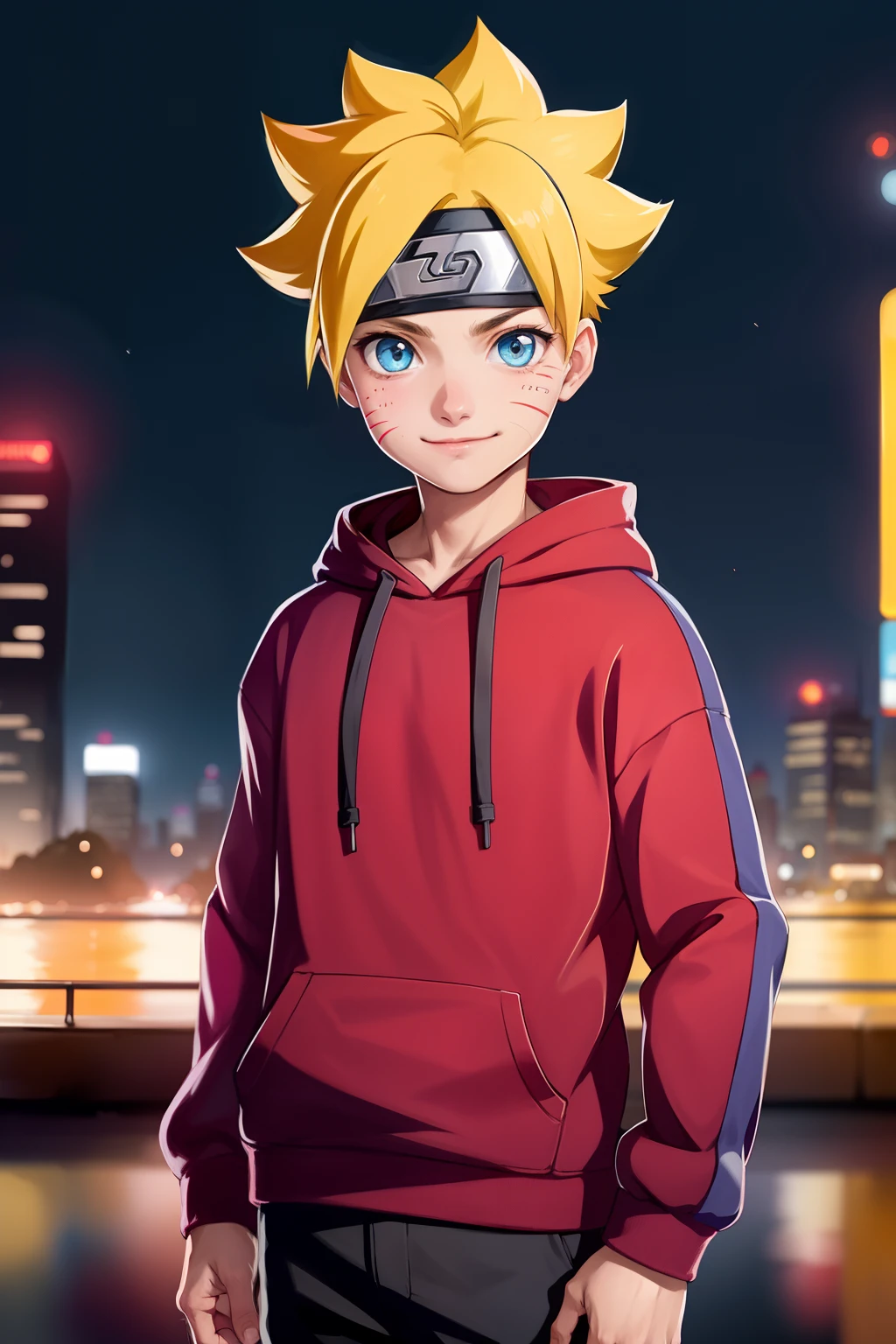 masterpiece, ultra-detailed, 1boy, male focus, upper body shot, Uzumaki Boruto wearing maroon Streetwear Hoodie, yellow hair, Blue eyes, look at viewer, happy face, vibrant colors, cityscape background, dinamic lighting, highly detailed face, stylish, urban style, cool attitude, bokeh, blurry background,