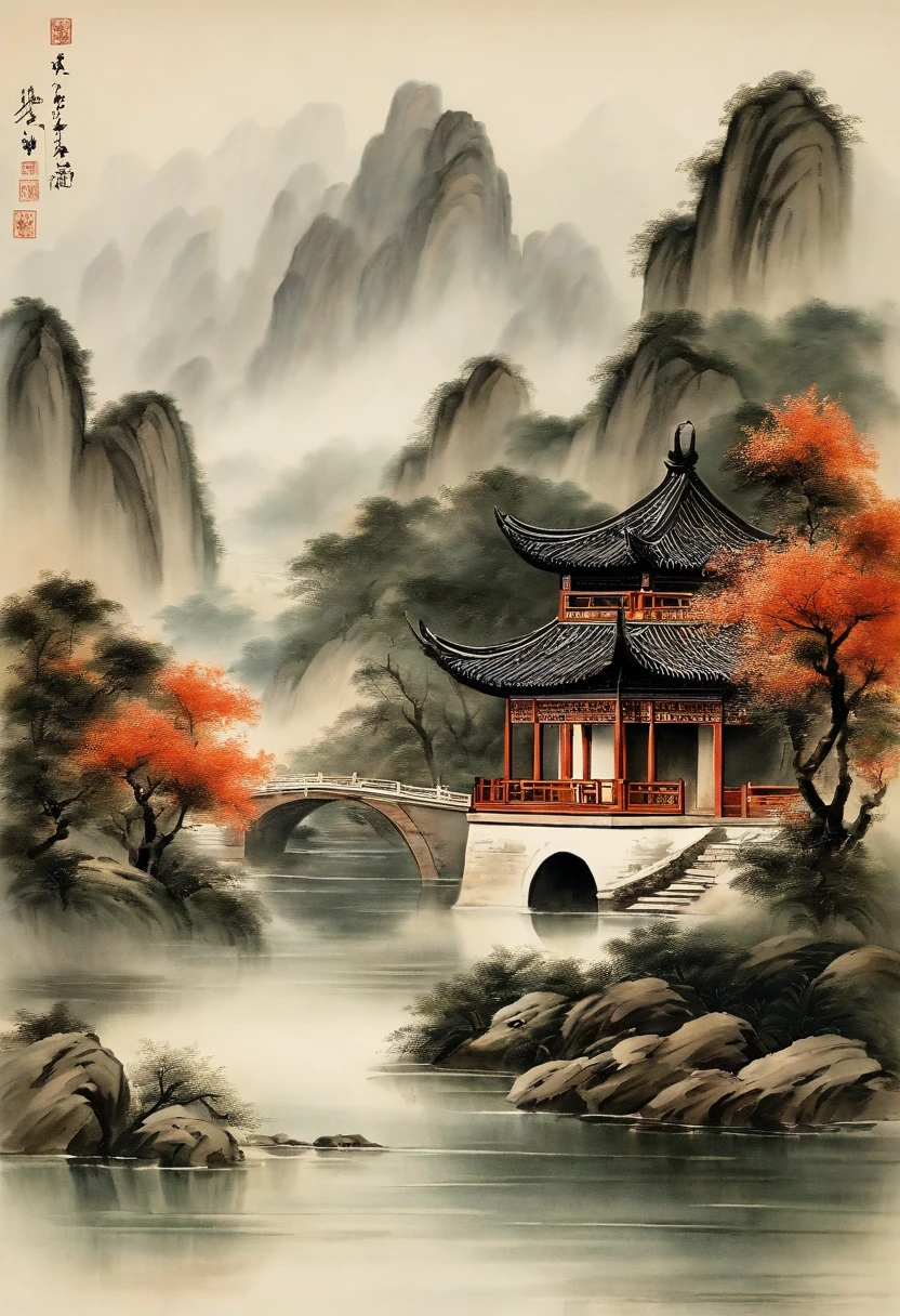 Chinese，Chinese landscape，Traditional Chinese painting，Ancient rhyme Jiangnan，Yamakawa，Cypress，Pavilions，Leave white space，elegant