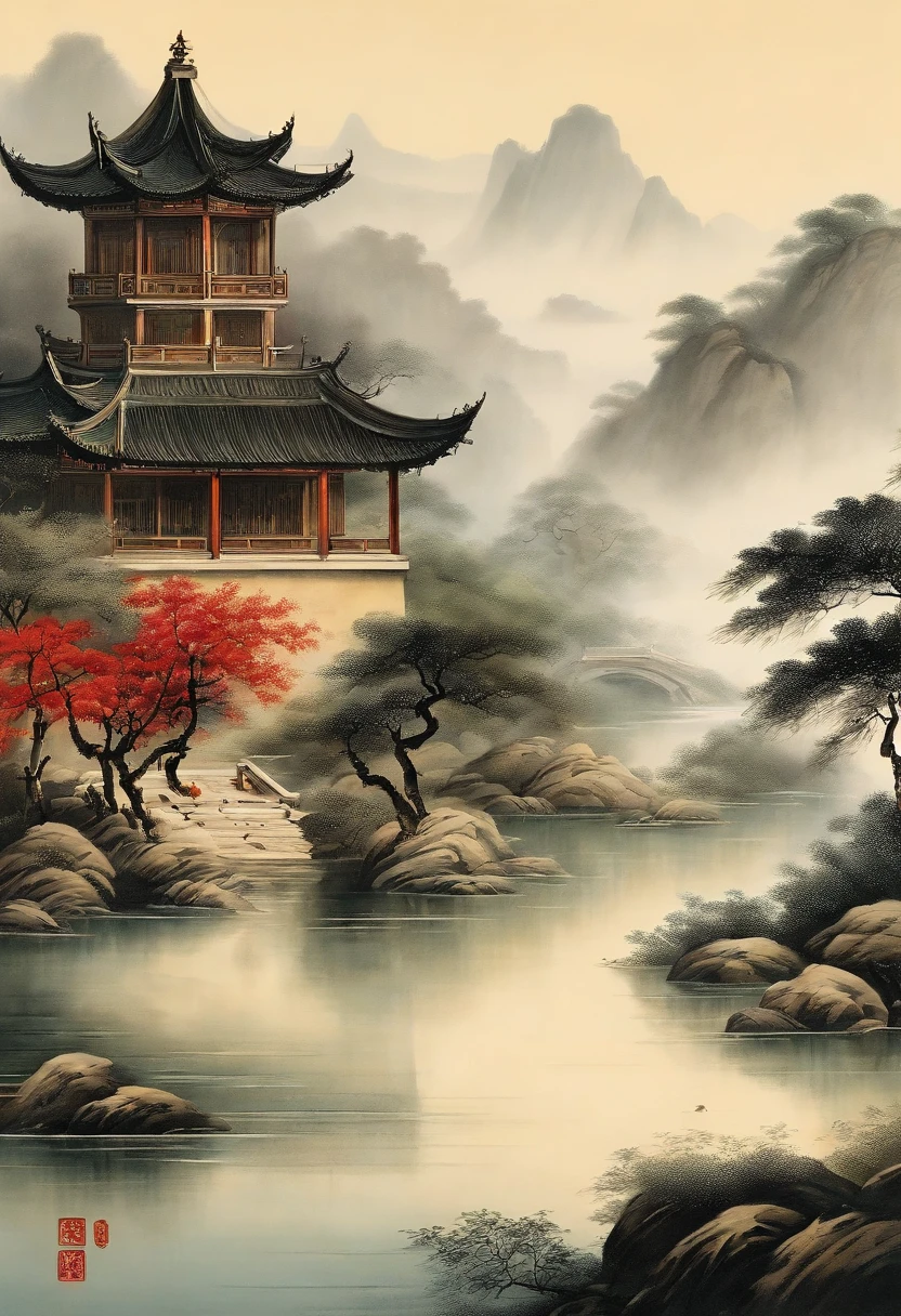 Chinese,Chinese landscape,Traditional Chinese painting,Ancient rhyme Jiangnan,Yamakawa,Cypress,Pavilions,Leave white space,elegant