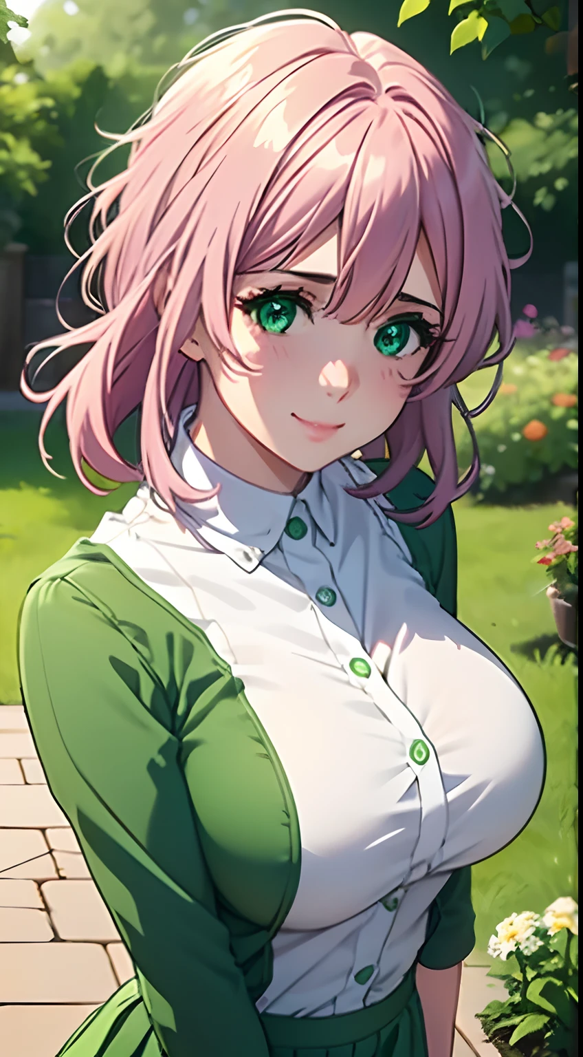 Cute girl,big sized boobs, green colour clothes, white apron, green eyes and pink hair, short skirt, ultra realistic eyes , sunlight and garden background, bright purple eyes, ultra realistic detailed eyes, innocent eyes, looking at camera, beautiful smile, beautiful face,pink colour hair