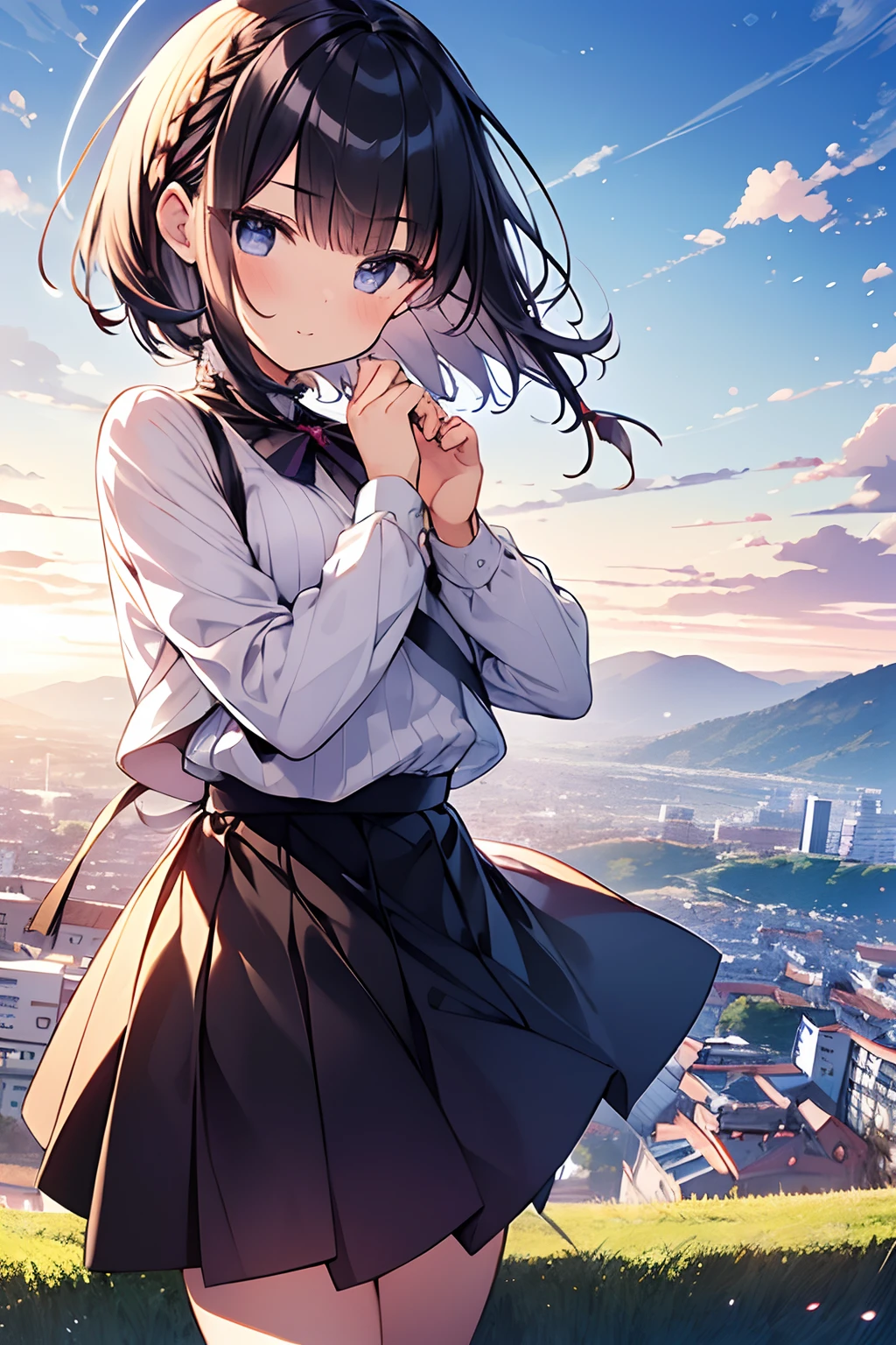 Anime girl with long hair standing on a hill looking at the sky - SeaArt AI