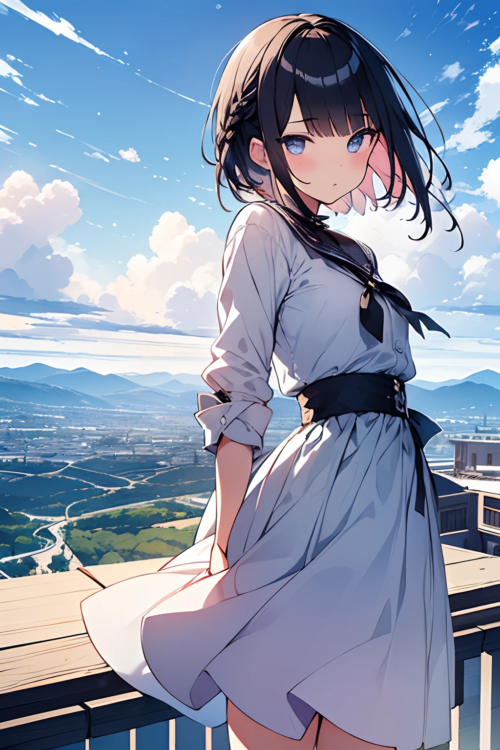 masutepiece, Best quality,illustration, the wallpaper, Ultra detail, absurderes, 1Blittle girl、 Solo, (Medium short hair、short braided hair), Beautiful ultra-detailed eyes , Hair fluttering in the wind、:Tai、 Beautiful sky、(in a panoramic view:1.5)