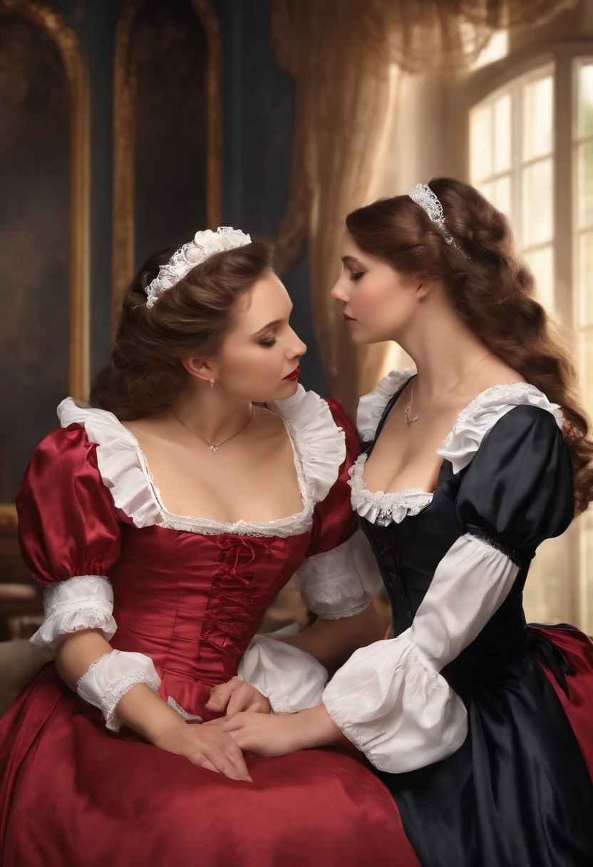 girls maid loving each other, passionately kissing, feeling breasts while their mistress looks on lovingly, realistic