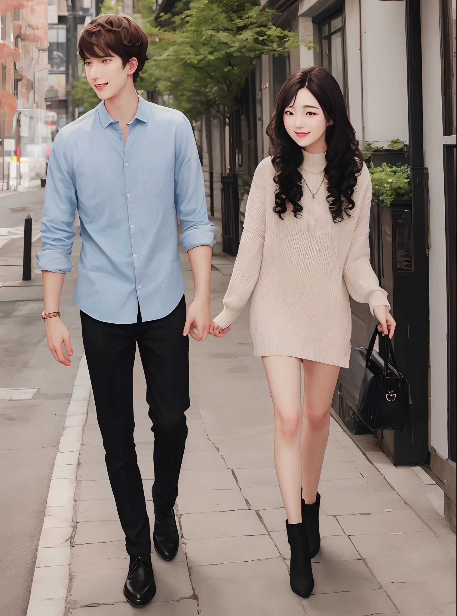 A tall guy brown hair and long hair with short girlfriend with curly black hair