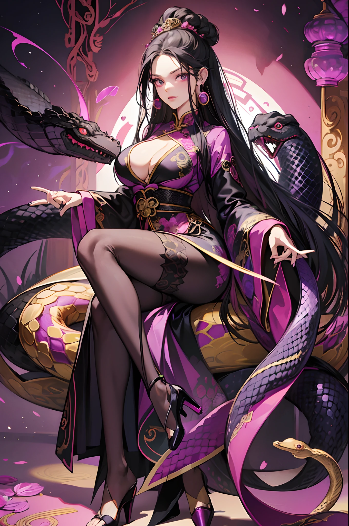 one piece snake empress boa hancock, purple and black color silk chinese dress outfit, snake shape earring, perfect body shape, long legs, masterpieces, empress aura, make up, surrounded by snake python, black long hair, black bright pupil, pink love shape bubble effect, big breast, high heels, solo