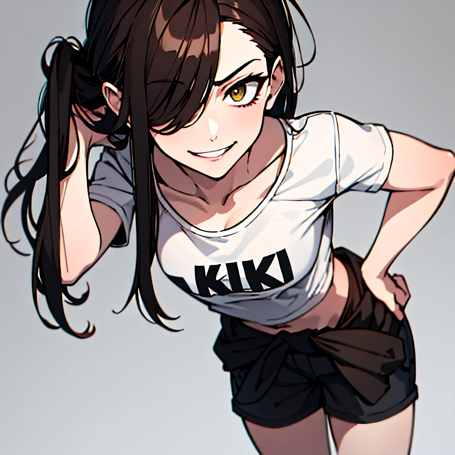 (absurdres, 8k, 4k, masterpiece, hyper extreme detailed:1.2), solo, 1girl, front view, portrait, best quality, expressive eyes, perfect face, 1girl, portrait, solo, standing, Female, toned body, mature female, small breasts, pale, hair covering one eye, dark brown hair, long hair, eyepatch, sarcastic, snarky, soldier, adult, hazel eyes, shorts, delinquent, sarcastic, white jacket tied around waist, graphic t-shirt, smirk, crazy eyes, messy hair, swept bangs, midriff, hand on head, hand on shoulder, exposed collarbone, exposed left shoulder,