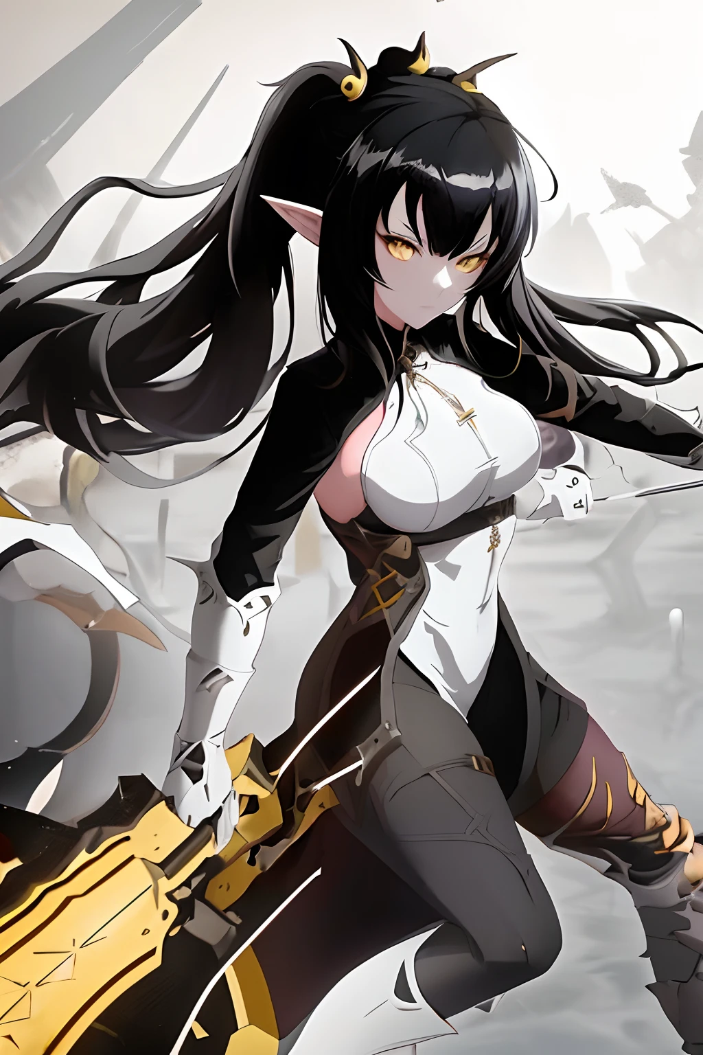 a female anime character with long black hair and white eyes is posed in a way to make her look like the demon lady of dark souls she is holding a sword, 1girl, solo, breasts, yellow eyes, pointy ears, upper body, looking at viewer, black hair, hair ornament, gloves, jewelry, dark-skinned female