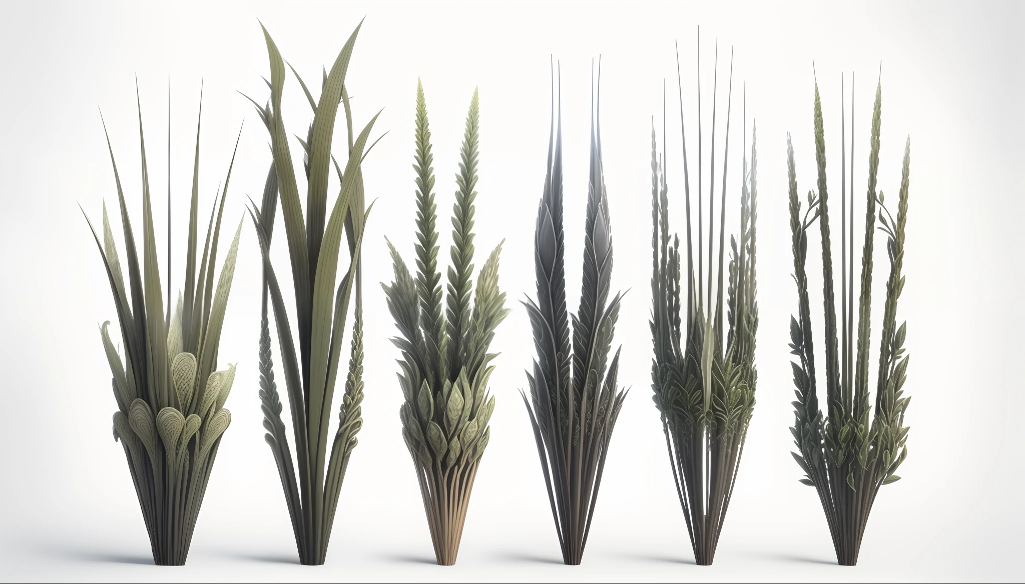 Several different types of grass are shown in a row, stylized vegetation, galhos e plantas hiperdetalhados, textura estilizada da grama, botanical fractal structures, Megascans Quixel, Detailed organic textures, plantas detalhadas, alien foliage plants, Quixel Texturas, grains", characters 8k symmetrical, plantas secas, colheita, Plantas intrincadas, espinhos