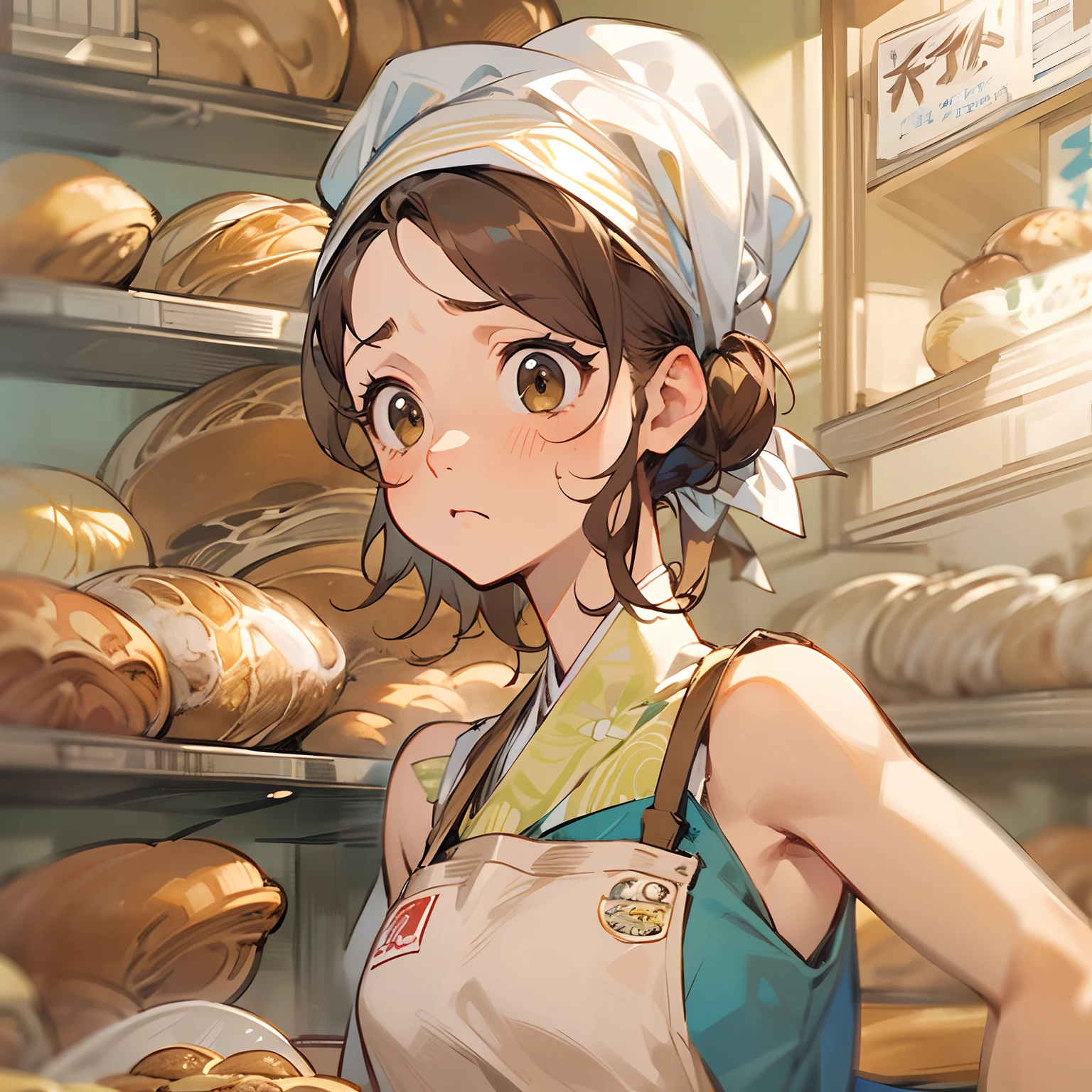 masterpiece、top-quality、40-year-old brown-eyed woman with brown hair、Wearing a bandana on the head、japanese comic book、Wearing an apron、(Worried look:1.3)、(Staring:1.5)、(Close-up of the subject's face:1.3)、Bakery in the background、Have bread、Bold composition、Upper body is shown、Alone、