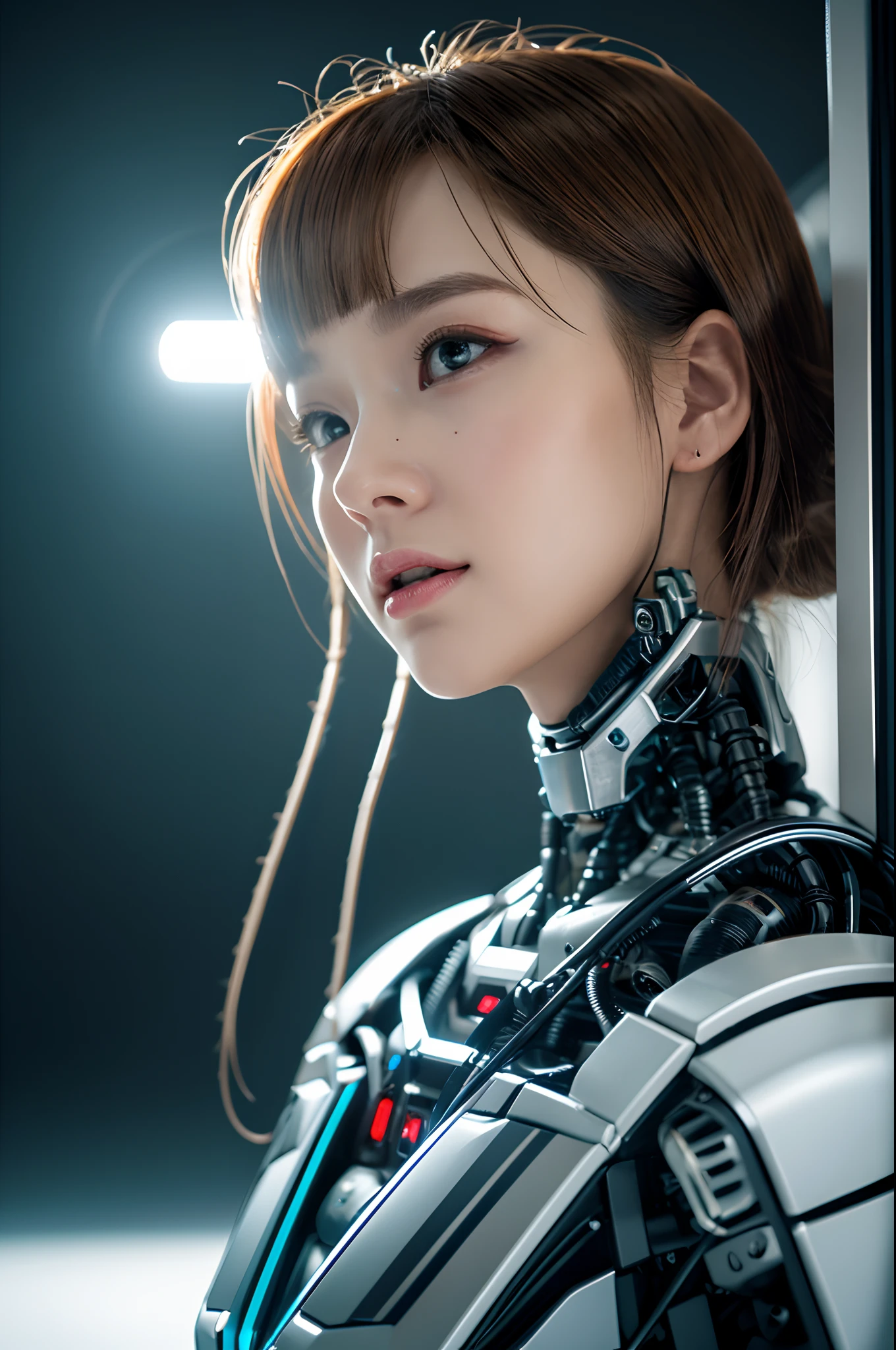 Intelligent Bionic Robot、male people、Cyborg Robot Parts、cable electric wires、microchips、bright studio、hyperphotorealism、high-detail、intricate detailes、softlighting、Rim Lights、rendering by octane、Unreal Engine 5 Renders、Mechanical Public Enemy Style、8K、top-quality、​masterpiece、Low ISO、White Balance、high key lighting、Creates a soft and graceful feel with a shallow depth of field