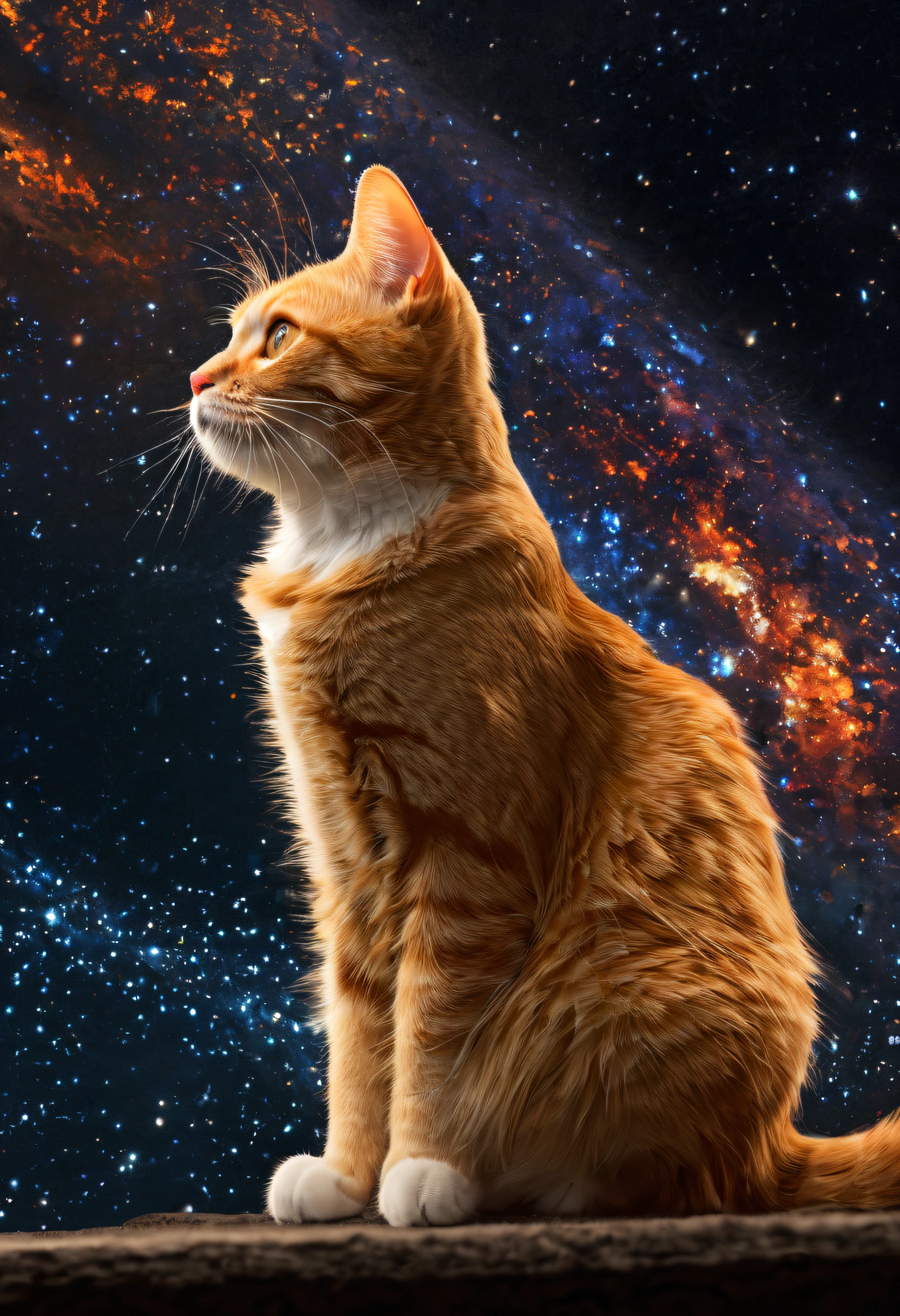 (masterpiece, best quality), flerken from marvel movie, orange tabby cat, with space, stars in the background, (cinematic), dynamica angle,