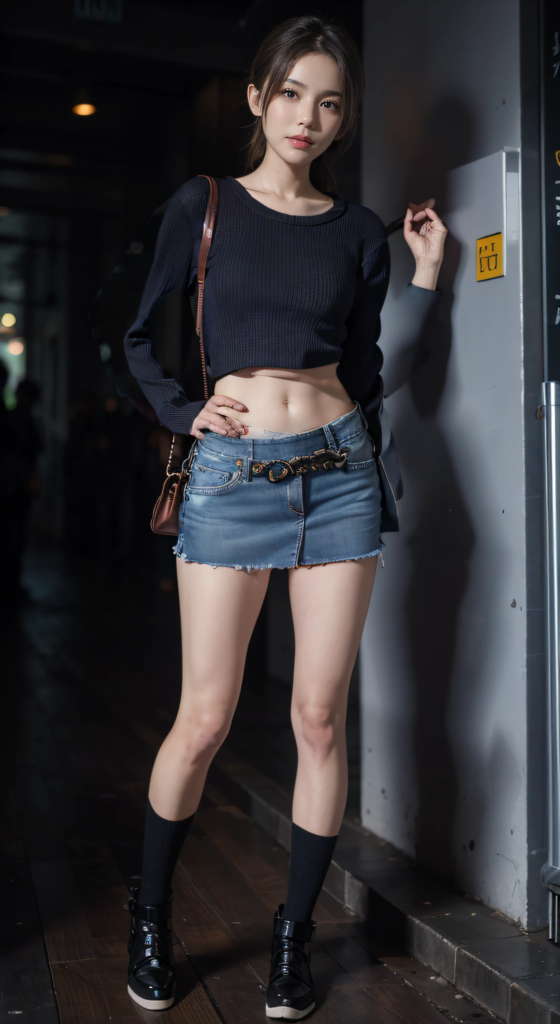 Sweaters、Denim Mini Skirt、full body Esbian、frontage、A slender、(masuter piece:1.3)、(8K、Photorealsitic、Raw photography、top-quality: 1.4)、(real looking skin)、Beautiful skins、(Sweaters)、absurderes、enticing、超A high resolution、A hyper-realistic、high-detail、the golden ratio、((wide open abdomen))、((open abdomen))、((wide open navel))、((open navel))、((Bare belly))、((Wide open hip bones))、((Open hip bones))、((Bare hip bones))、((Mid-Riff Sweater))、((Mid-Riff Sweater))、((Ultra-low rise、Denim Mini Skirt))、 ((Navel Ejection))、((small hips))、((long limbs))、((Full body depiction))、((small hip))、(boots)、((Ultra-low rise))、((Denim Mini Skirt))、((is standing))、 ((wide open abdomen))、((open abdomen))、((wide open navel))、((open navel))、((Bare belly))、((Mid-Riff Sweater))、((Ultra-low rise、Denim Mini Skirt))、 ((Navel Ejection))、((small hips))、((Full body depiction))、((small hip))、(boots)、((Ultra-low rise))、((Denim Mini Skirt))、((is standing))、