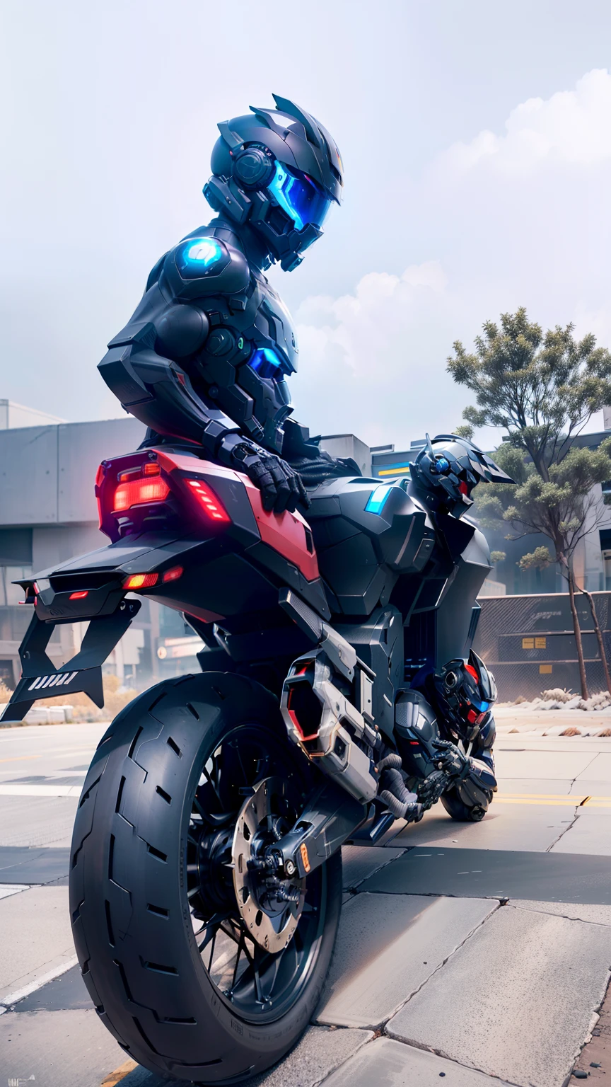 Handsome full-body black mech Cyber handsome warrior,Information mechanical motorcycle,High-tech black full enveloping helmet,Nousr, Biomechanicals, MSHN Robot Man,High-tech helmet,hyper realisitc, Steel, Complex design, insanely details, finely detailled, Extremely clear lines, cinmatic lighting, photograph realistic, A detailed masterpiece