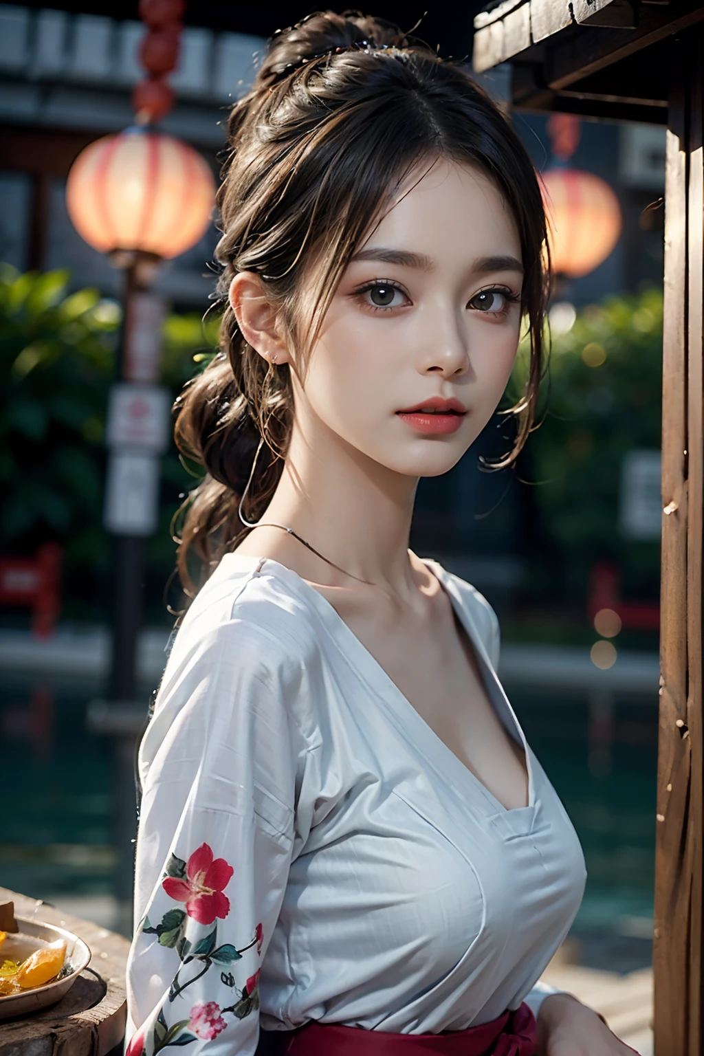 电影灯光,(((tmasterpiece))), ((best qualtiy)), ((intricate and detailed)), ((Ultra-realistic realism)), 4K,1beautiful woman, 25-years old, poneyTail,Ultra-fine yukata,美丽的面容,Beautiful brown eyes,face perfect,A slender,large full breasts,having a good time, Large fishbowl , Swirling flocks of goldfish, Floating goldfish, Graphic illustration, see fishes swimming,A lot of goldfish, amazing depth, Cutest, Lots of fish balls,Goldfish scooping at a summer festival, (The background is the summer festival of the shrine:1.4), Silver hair, split ponytail, star-shaped pupils, conceptual art, Art Nouveau, Glowing light, nffsw, Textured skin, masutepiece, Anatomically correct, Best Quality, 8K