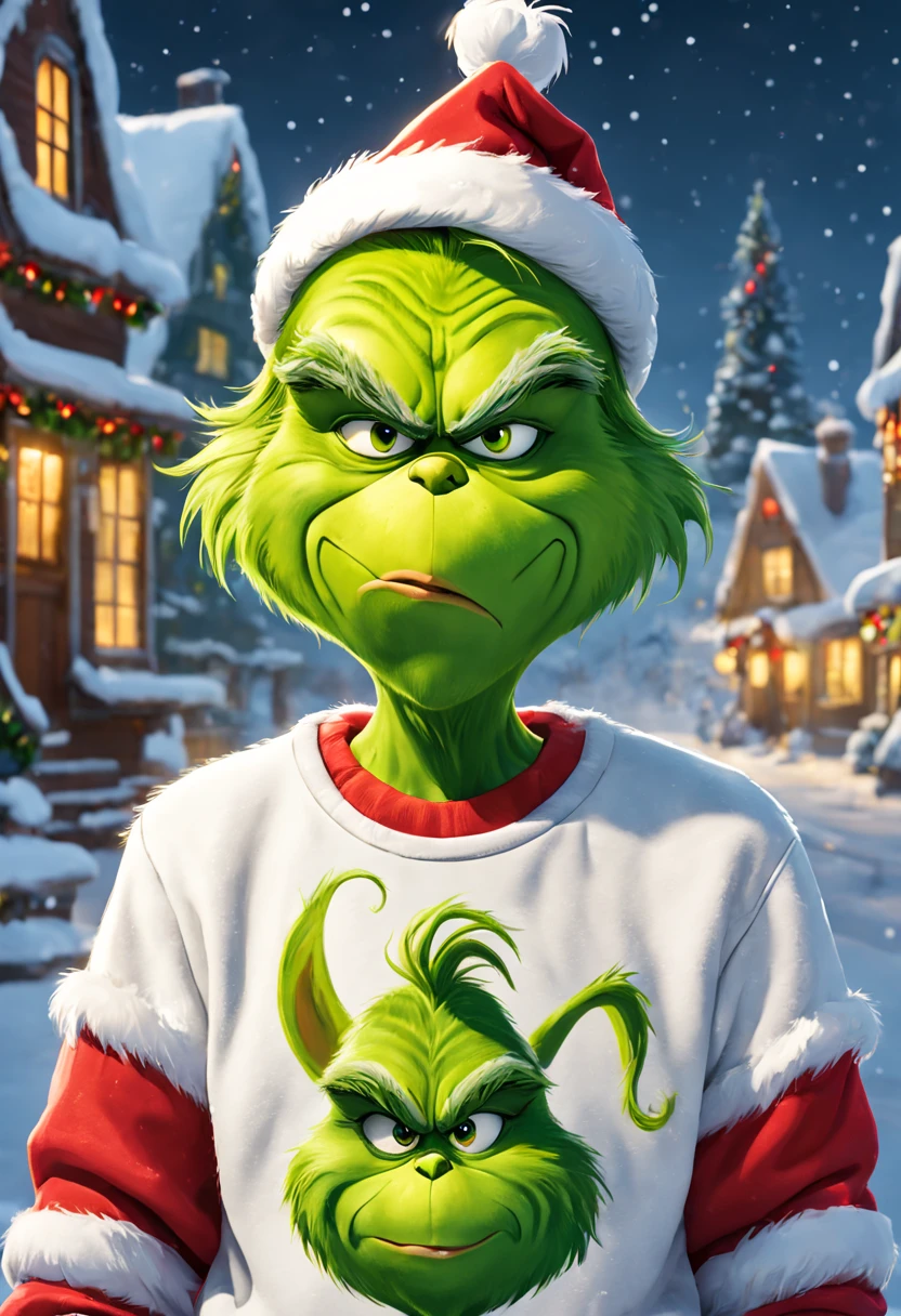 El Grinch, with Christmas sweatshirt, cara de enojado, Christmas Atmosphere, 8k 16k a todo color, copos de nieve.