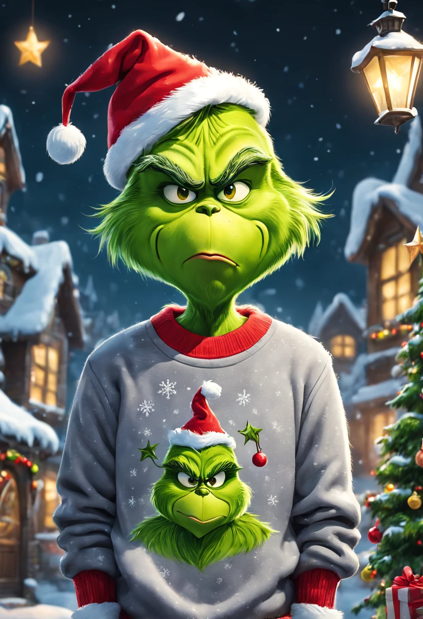 El Grinch, with Christmas sweatshirt, cara de enojado, Christmas Atmosphere, 8k 16k a todo color, copos de nieve.