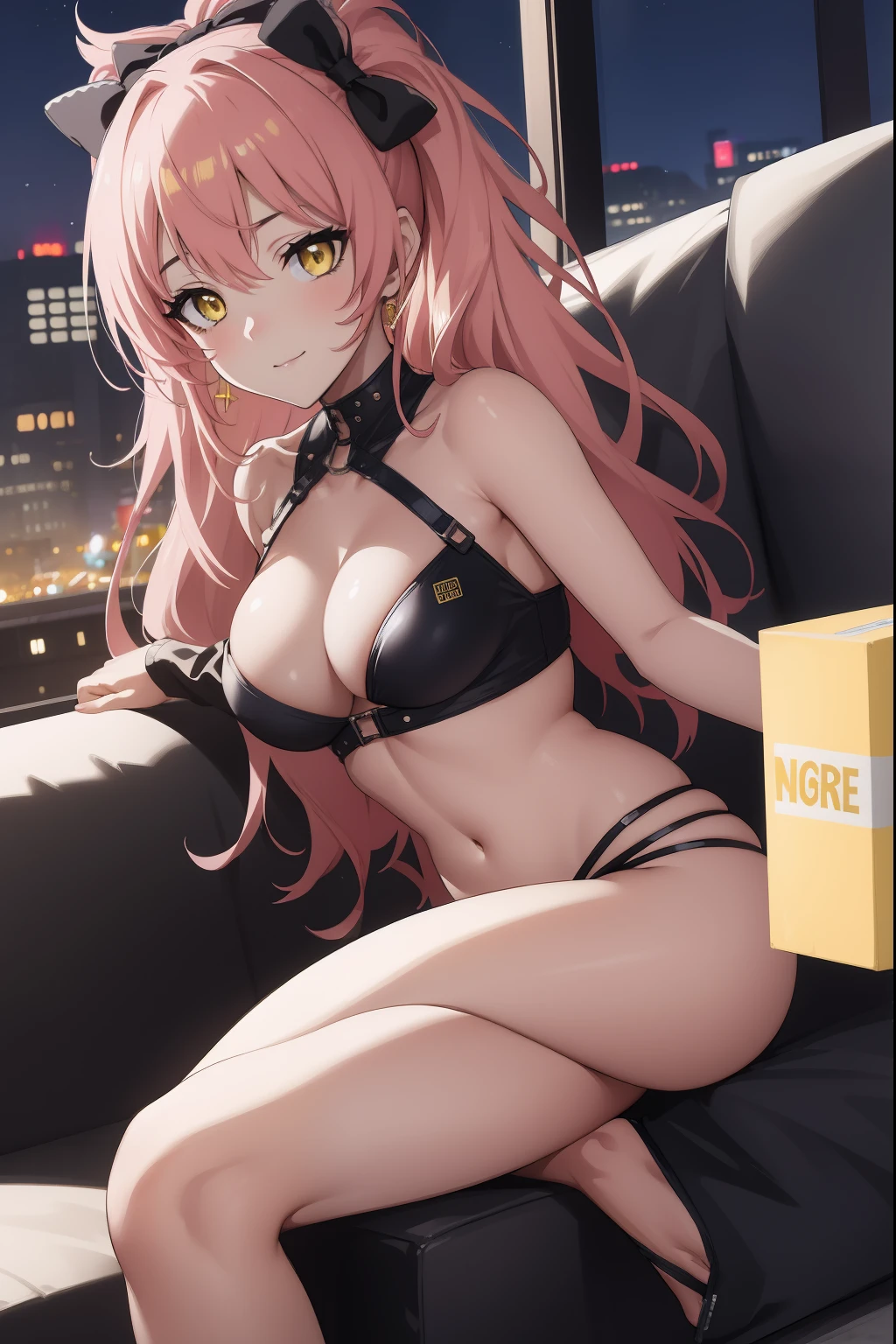 (Night:1.7), Cyberpunk_CityView, Before Window,in front of a wall with a clock,
sitting at attention,sitting on couch,
swimsuit,
mika jougasaki, hair bow, long hair, pink hair, (yellow eyes:1.5), twintails, hair ribbon, hair bow,
1 girl, 20yo,young female,Beautiful Finger,Beautiful long legs,Beautiful body,Beautiful Nose,Beautiful character design, perfect eyes, perfect face,
looking at viewer, (innocent_big_eyes:1.0),(expressionless:1.3), seductive pose.teasing smile,
NSFW,official art,extremely detailed CG unity 8k wallpaper, perfect lighting,Colorful, Bright_Front_face_Lighting,
(masterpiece:1.0),(best_quality:1.0), ultra high res,4K,ultra-detailed,
photography, 8K, HDR, highres, absurdres:1.2, Kodak portra 400, film grain, blurry background, bokeh:1.2, lens flare, (vibrant_color:1.2)
(Beautiful,medium_Breasts:1.4), (beautiful_face:1.5),(narrow_waist),(perfect hands, perfect anatomy),