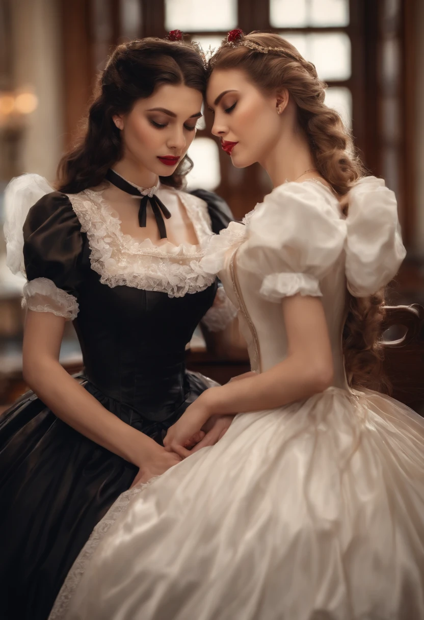 highest quality, masterpiece, Highest Resolution, artwork, super それにGet used to it, many Get used to it, Get used to it, それにGet used to it,, woman,cute womans,(()),((All 25 year old woman)),woman are princesses,Everybody has a tiara on their head,((Everything has volume,She is wearing a mint green Victorian ball gown dress and a full-length hoop skirt and a corset。)),The dress is round and puffy,(Ruffled long sleeves),((A long dress that reaches the floor)),A dress with lots of frills and ribbons..,((Frilled yoke collar)),luxury,Inside the palace,Soft and smooth silk satin dress,They're kissing.,Lesbian,one woman Kissing the neck of the other, Hourglass figure, big breasts