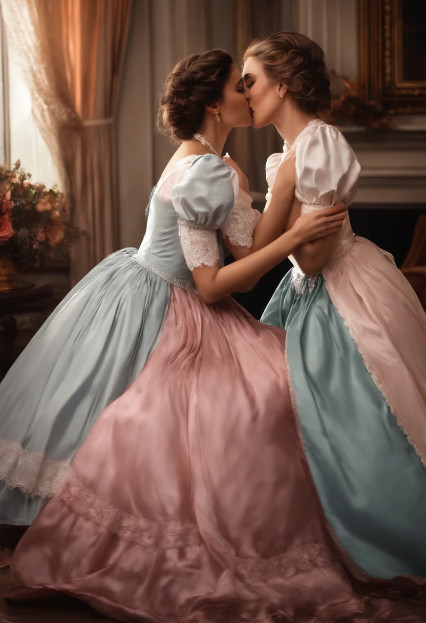 girls maid loving each other, passionately kissing, feeling crotch through the dresses while their mistress looks on lovingly, realistic