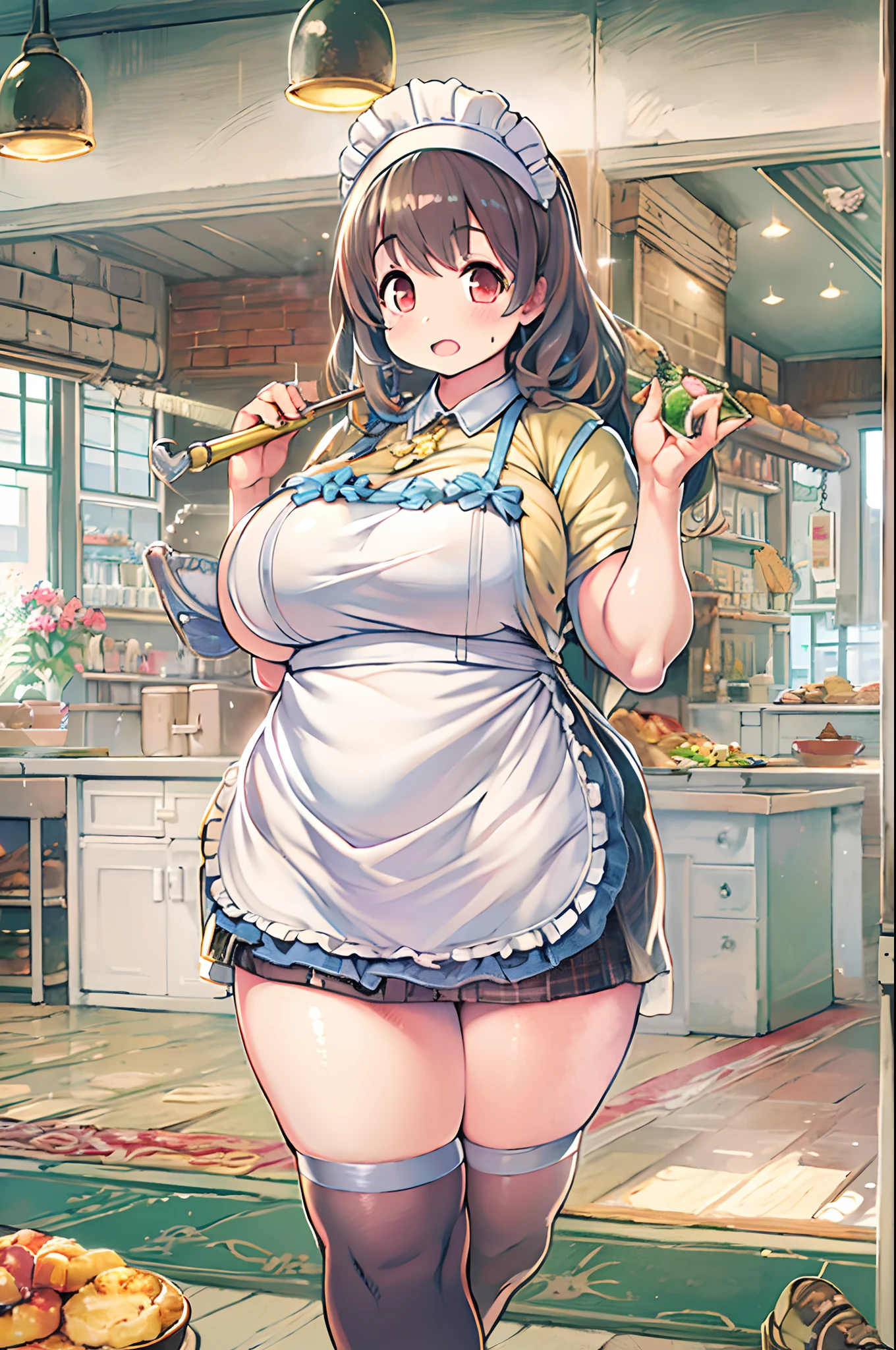 JPNIDOL, 1girl in, masutepiece, High quality, Looking at Viewer,bbw、huge-breasted、entranceway、Wearing an apron、meeting、