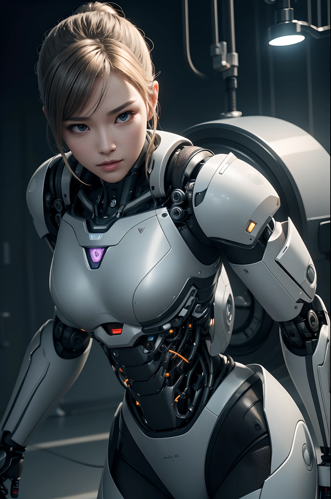 Intelligent Bionic Robot、male people、Cyborg Robot Parts、cable electric wires、microchips、bright studio、hyperphotorealism、high-detail、intricate detailes、softlighting、Rim Lights、rendering by octane、Unreal Engine 5 Renders、Mechanical Public Enemy Style、8K、top-quality、​masterpiece、Low ISO、White Balance、high key lighting、Creates a soft and graceful feel with a shallow depth of field,超A high resolution,