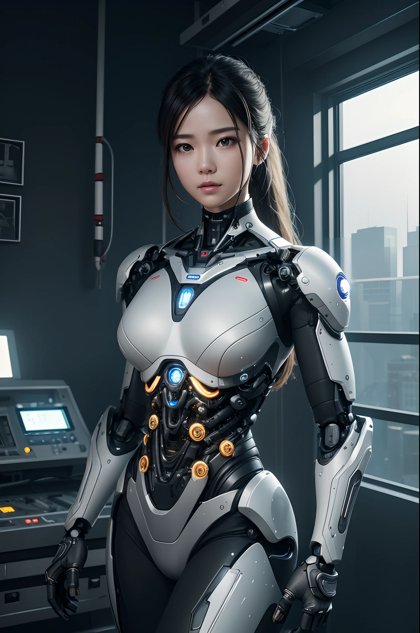 Intelligent Bionic Robot、male people、Cyborg Robot Parts、cable electric wires、microchips、bright studio、hyperphotorealism、high-detail、intricate detailes、softlighting、Rim Lights、rendering by octane、Unreal Engine 5 Renders、Mechanical Public Enemy Style、8K、top-quality、​masterpiece、Low ISO、White Balance、high key lighting、Creates a soft and graceful feel with a shallow depth of field,超A high resolution,