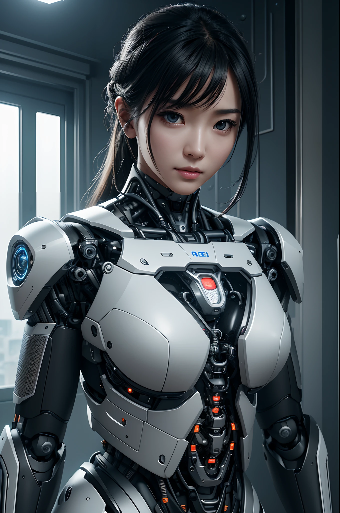 masterpiece、((Volleyball uniforms))、 ((A beautiful girl:1.4))、Metal chest pads、((Metal chastity belt))、Mechanized body、Mechanized chest and abdomen、Mechanized occipital bone、Mechanized leg joints、Tight fitting black metallic suit、Standing、Tie Up、金属robot、((Cyberpunk Background))、(Neon)、(The background of the machine shop of the future)、Cyberdyne、Artificial body、Full metal body、ironwork、Abdominal Mechanism、((Robotic arms and manipulators))、((robot腿))、((Machine neck))、Inside the spaceship、A beautiful girl、、Asian Beauty, (Belly reveals actuators and cables)、从脖子以下是金属robot的身体、Complex 3d rendering beautiful porcelain profile super detaild female android face、robot、Component、150 mm、Beautiful studio soft lighting、Edge Light、生动的detail、Luxury Cyberpunk、Ren Hao、Hyper-realistic main section、Facial muscles、Cables, wires, microchips、elegant、Beautiful background、Octan Rendering、HR Giger style、8K、Top quality、masterpiece、Implications、Extremely refined、 Extremely detailed CG、Unite、wallpaper、(Realist、Photorealistic:1.37)、amazing、detail、masterpiece、Best quality、Official Art、Highly detaild CG Unite 8k wallpaper、、Ridiculous、、、Silver beads、whole body、Sit on it