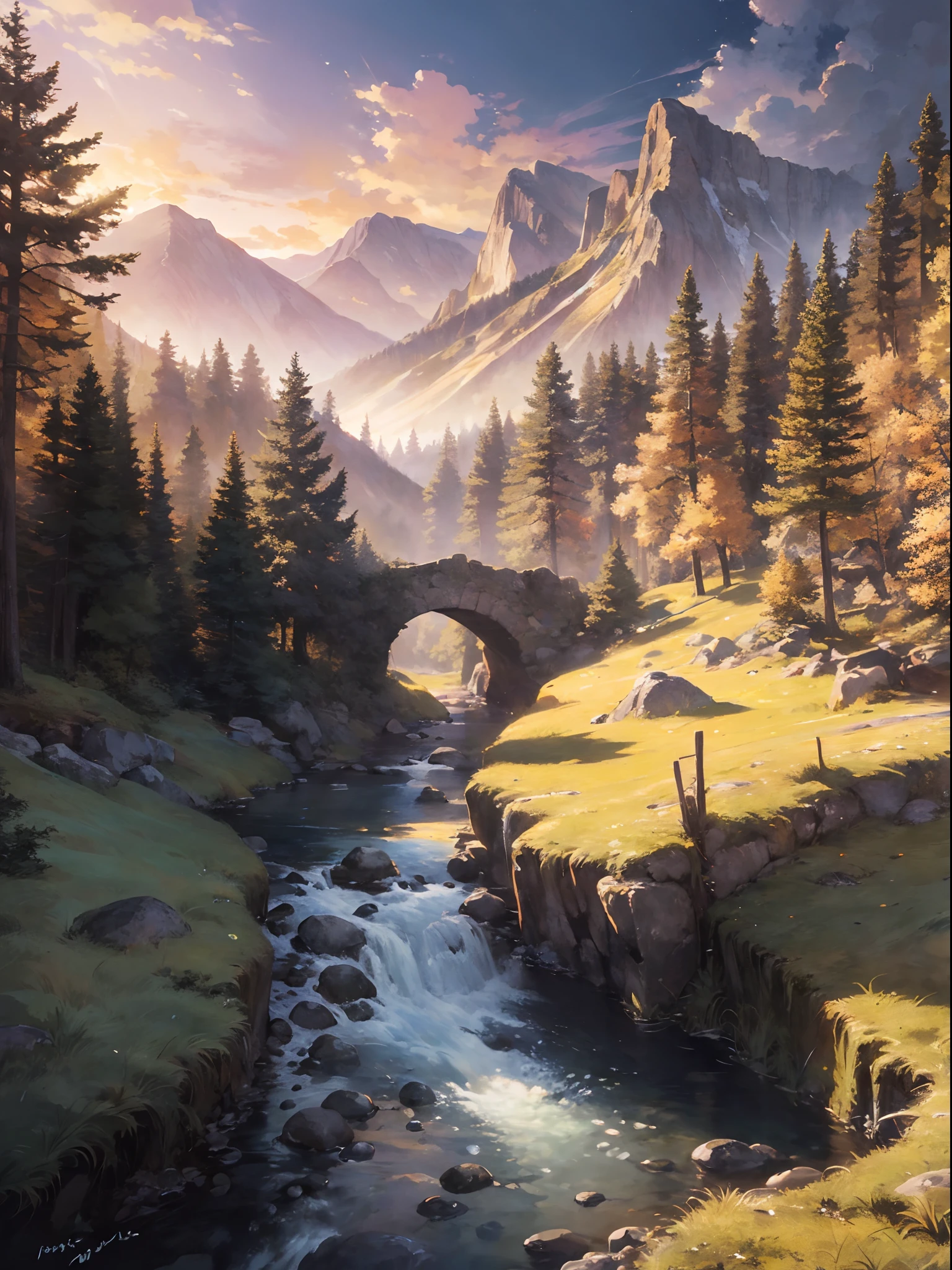 rivulets,Mountains,Draw a river running through the forest,Picture of a stream flowing through a rocky valley that surrounds it,The background is the sunset,early evening,Sunset glow,highly detailed digital painting,epic landscapes, landscape artwork,Vibrant landscape paintings,