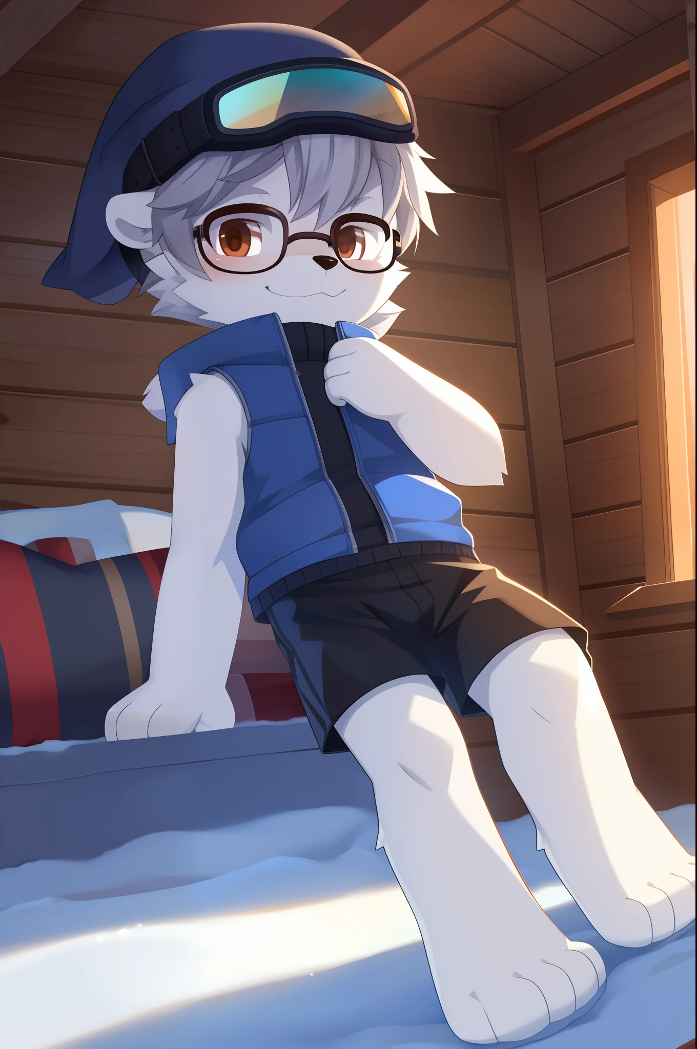 Furry shota, young, polar bear, grey hair, spiky hair, spiky short ponytail, detailed body fur, brown eyes, winter blue vest, open clothes, black trunks, snow hat with earflaps, snow goggles, glasses, masterpiece, looking at you, white body fur, detailed face, big eyebrows, detailed eyes, detailed body, in cabin, detailed hands, flat body, glistering body, shiny body, skinny, spectacular effects, sassy face, :3, feets whit three toes, full body, short boy,