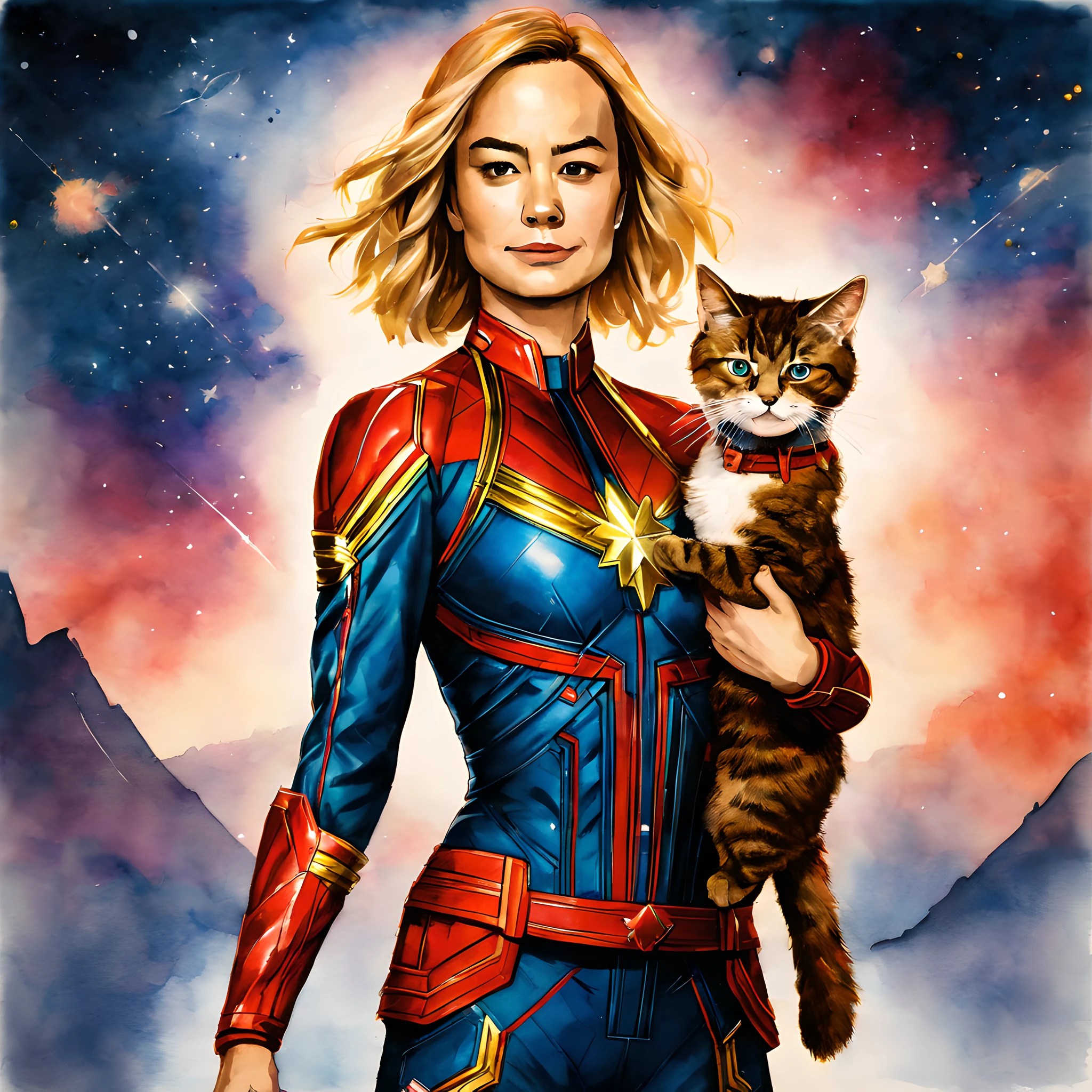 (Goose cat and Captain Marvel:1.5), (Marvel theme:1.5), (ink and watercolor painting:1.5), (Tasteful:1.5), (ink and watercolor painting:1.5), (full color:1.5), 8k, 4k, (landscapes:1.5), (standin at Universe:1.5), (captain marvel holding a cat:1.5),(universe:1.5), (space:1.5),