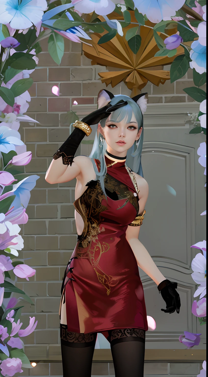 (Photorealistic), (Unbeatable masterpiece, side-lighting, fine detailed beautiful eyes: 1.2), (detailed background ancient kingdom), 1 female, ultra realistic 8k cg, Perfect artwork,Upper body, shiny long ash blue hair, Glossy glossy skin, Realistic, 3D face, modest clothing, perfect women figure, Narrow waist, luxury goods, Courtesan, cheerful big breasts, attractive cleavage, Ai Hoshino,huge tit,Wearing a black cat ear hd, wearing a tight red dress hd, eyes blue hd, wearing black gloves with gold bracelets hd, respectful hands, perfect leg hd, perfect body, perfect pose, perfect fingers hdwearing black gloves with gold bracelets hd, respectful hands, perfect leg hd, perfect body, perfect pose, perfect fingers hd