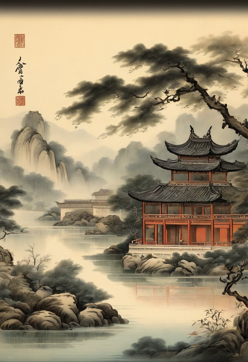 Chinese,Chinese landscape,Traditional Chinese painting,Ancient rhyme Jiangnan,Yamakawa,Cypress,Pavilions,Leave white space,elegant