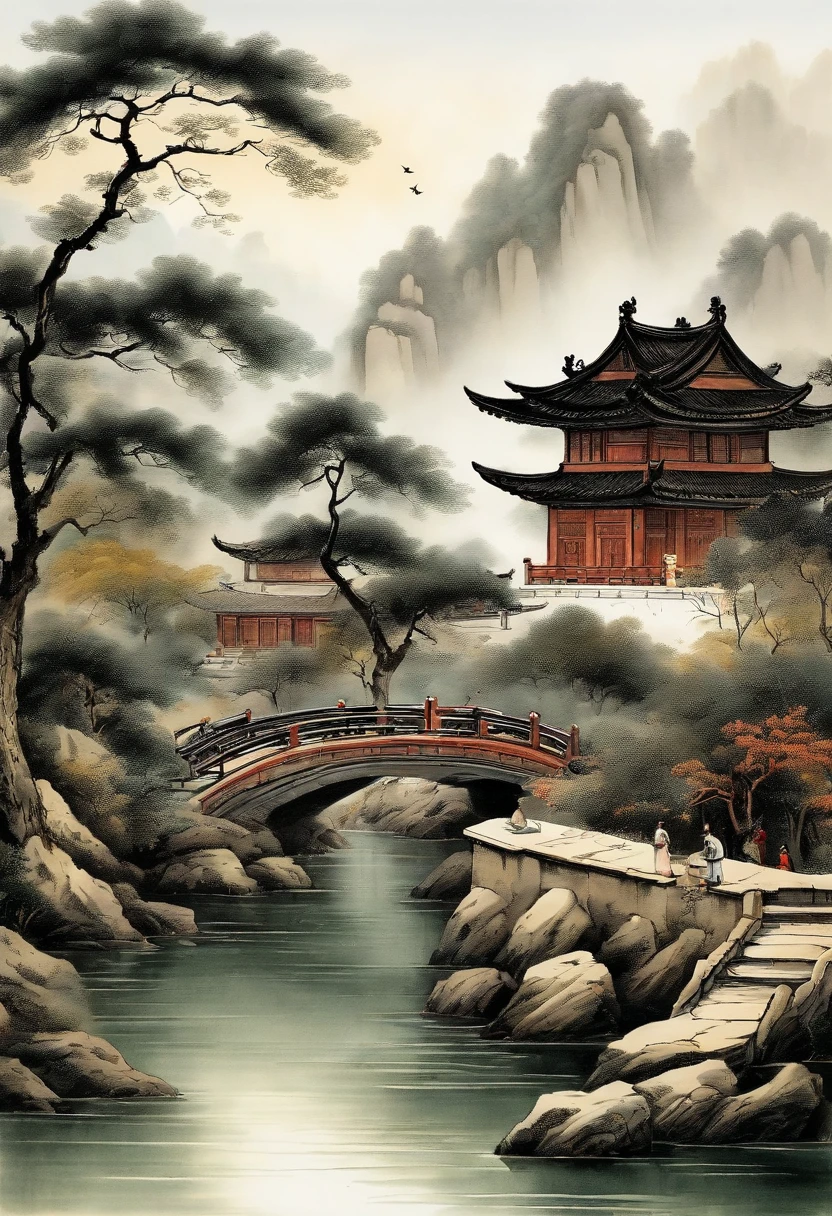 Chinese,Chinese landscape,Traditional Chinese painting,Ancient rhyme Jiangnan,Yamakawa,Cypress,Pavilions,Leave white space,elegant
