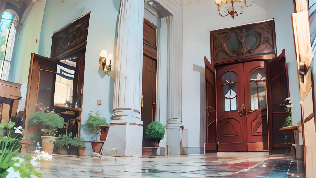 there is a red door and a white wall in a house, entrance, frontview, inside the building, inside building, high ceiling, patio, indoor setting, full - view, colonial style, delightful surroundings, very tall ceilings, tall ceiling, marble columns in background, interior room, tall entry, high ceilings, front-view, neo - classical style, anime, aime style, makoto shinkai style, 4k, 4k detailed,