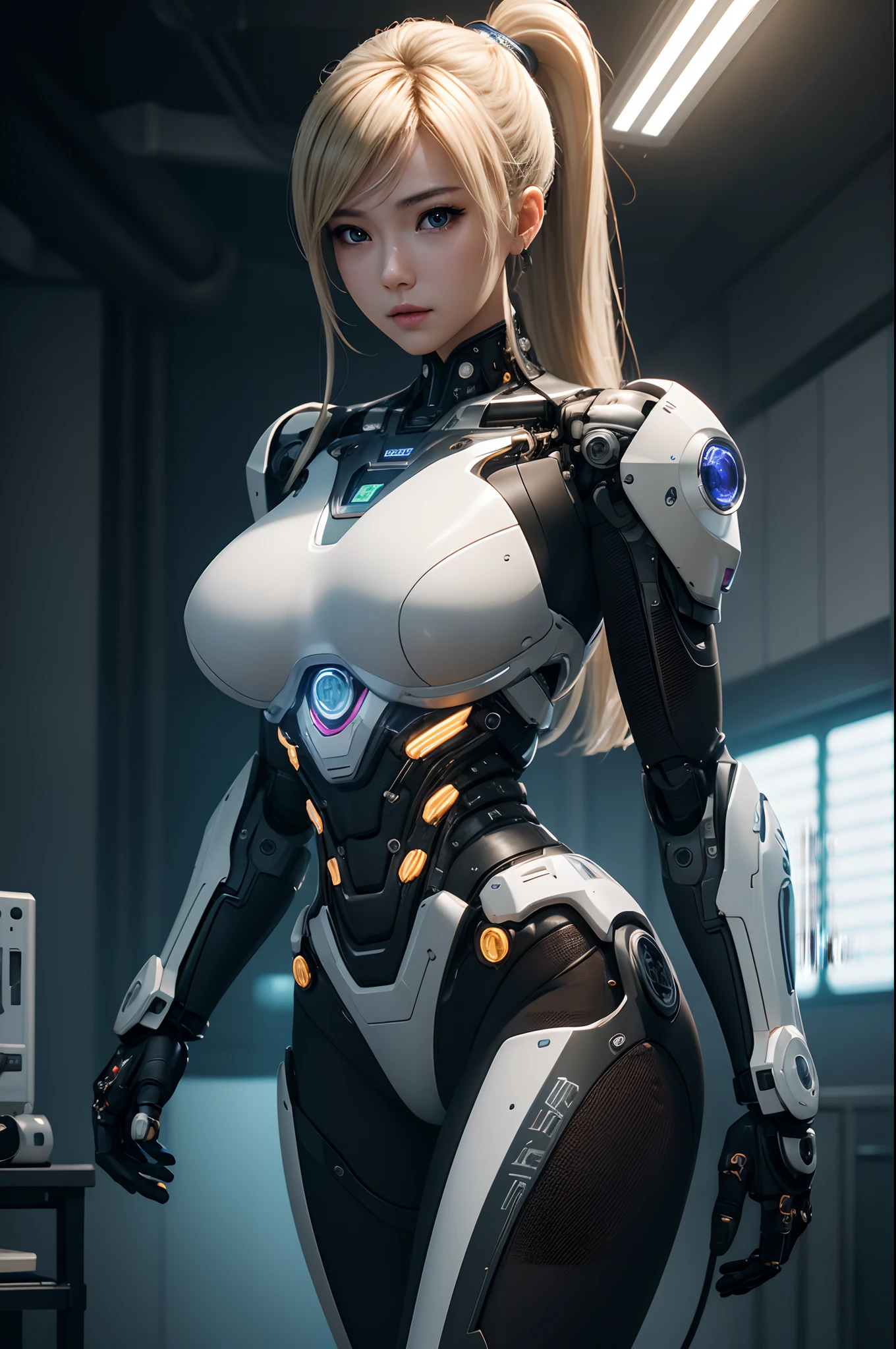 (NSFW),a beautiful cyborg girl,(showing her naked, beautiful and perfect breast:1.3),(robotic face), (a machine eye:1.5), metalic face,standing pose, (sci-fi:1.2),(cyberpunk:1.4), future style, masterpiece, detailed, simple background, ray tracing, nvidia RTX, Super Resolution, unreal 5, espalhamento subsuperficial, textura PBR, Post-processing, anisotropic filtering, profundidade de campo, Maximum Sharpness and Sharpness, textura multicamadas, mapeamento especular e albedo, surface shading, Precise simulation of light-material interactions, perfectly proportions, octane rendering, duotone lighting, ISO baixo, white-balance, rule of thirds, ampla abertura, 8K RAW, high efficiency subpixels