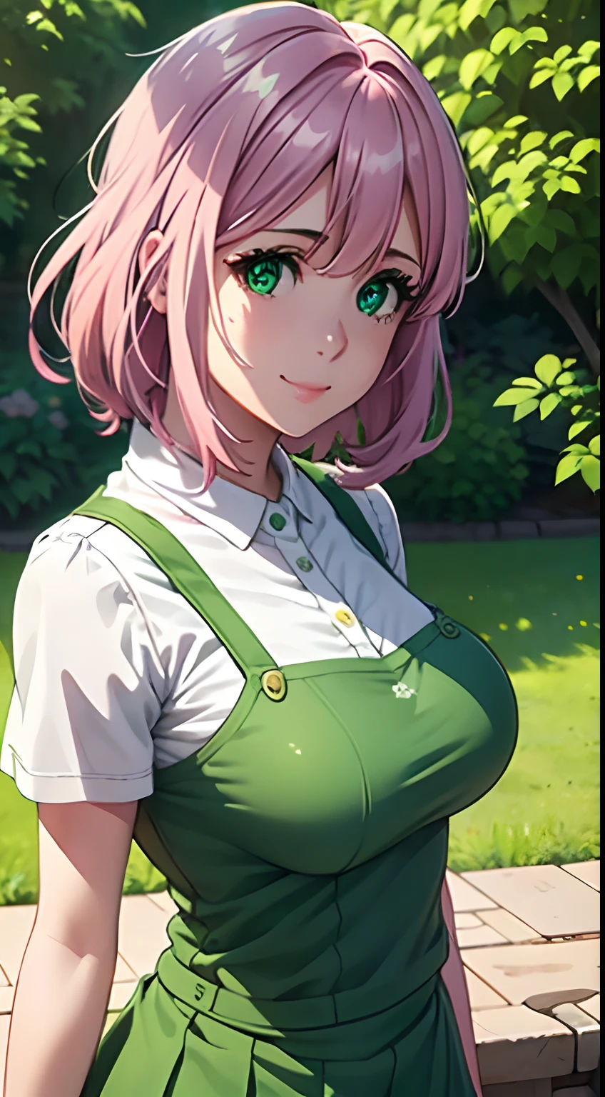 Cute girl,big sized boobs, green colour clothes, white apron, green eyes and pink hair, short skirt, ultra realistic eyes , sunlight and garden background, bright purple eyes, ultra realistic detailed eyes, innocent eyes, looking at camera, beautiful smile, beautiful face,pink colour hair