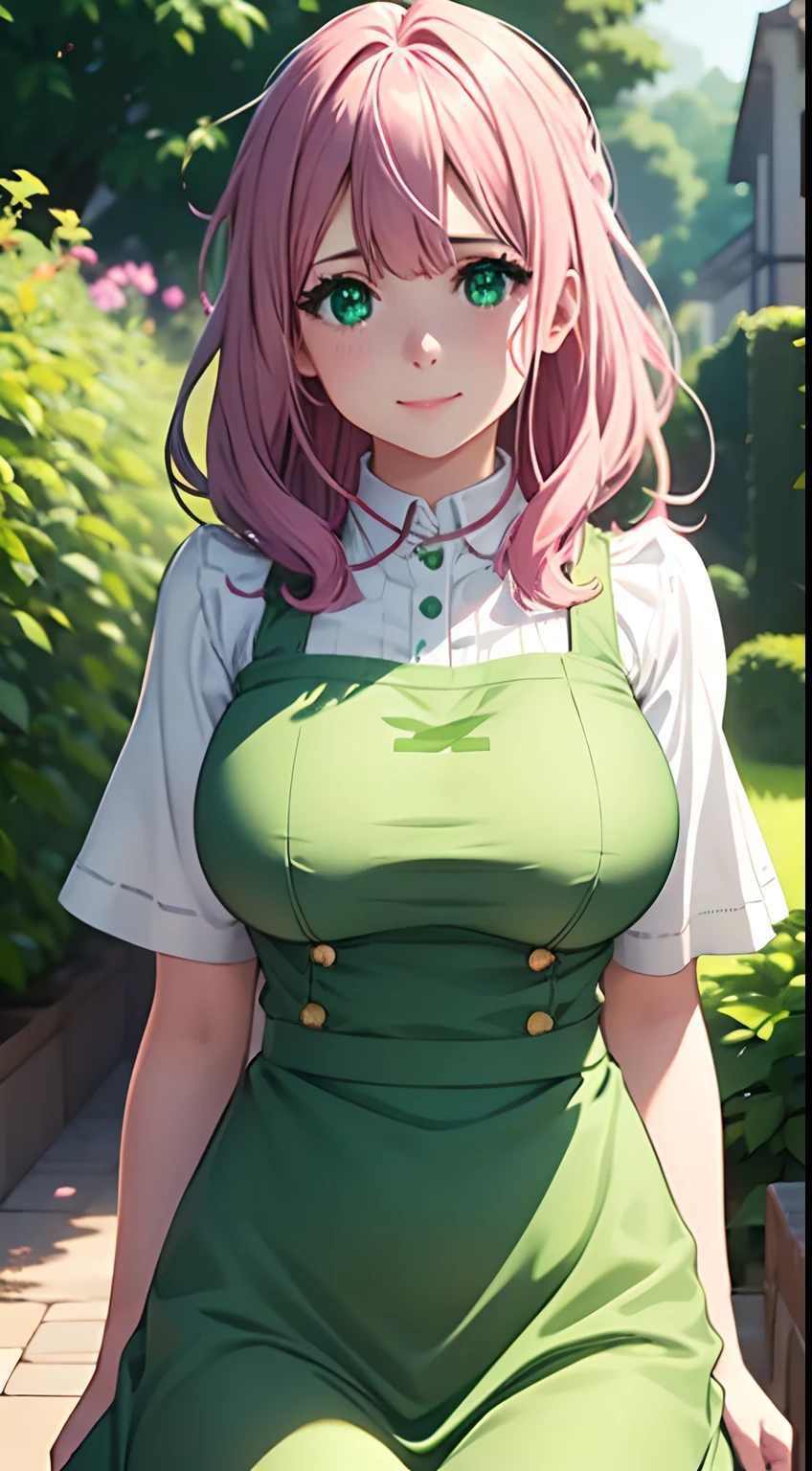 Cute girl,big sized boobs, green colour clothes, white apron, green eyes and pink hair, short skirt, ultra realistic eyes , sunlight and garden background, bright purple eyes, ultra realistic detailed eyes, innocent eyes, looking at camera, beautiful smile, beautiful face,pink colour hair