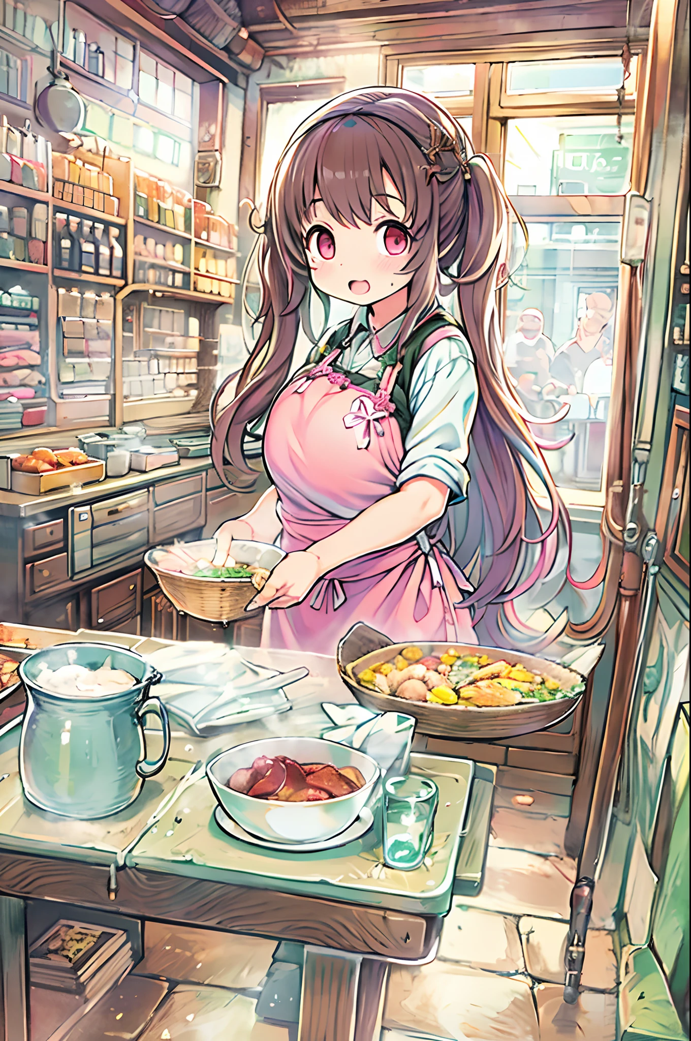 JPNIDOL, 1girl in, masutepiece, High quality, Looking at Viewer,bbw、huge-breasted、entranceway、Wearing an apron、meeting、