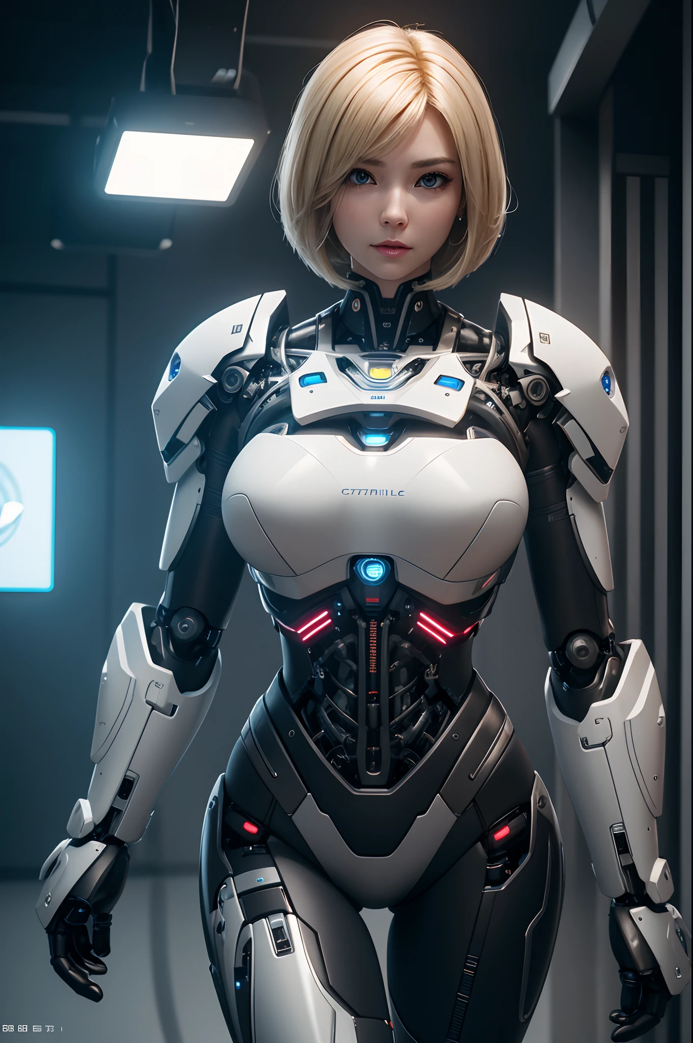 Intelligent Bionic Robot、femele、Cyborg Robot Parts、cable electric wires、microchips、bright studio、hyperphotorealism、high-detail、intricate detailes、softlighting、Rim Lights、rendering by octane、Unreal Engine 5 Renders、Mechanical Public Enemy Style、8K、top-quality、​masterpiece、Low ISO、White Balance、high key lighting、Creates a soft and graceful feel with a shallow depth of field,超A high resolution,Big Breast Machine,cyberpunked,Blonde Short Bob,