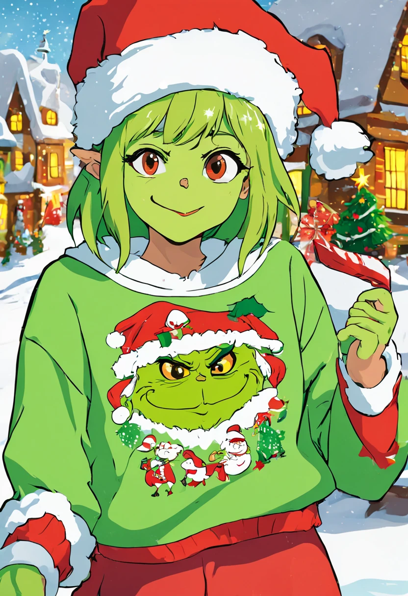 El Grinch, with Christmas sweatshirt, cara de enojado, holiday vibe, 8k 16k a todo color, copos de nieve.