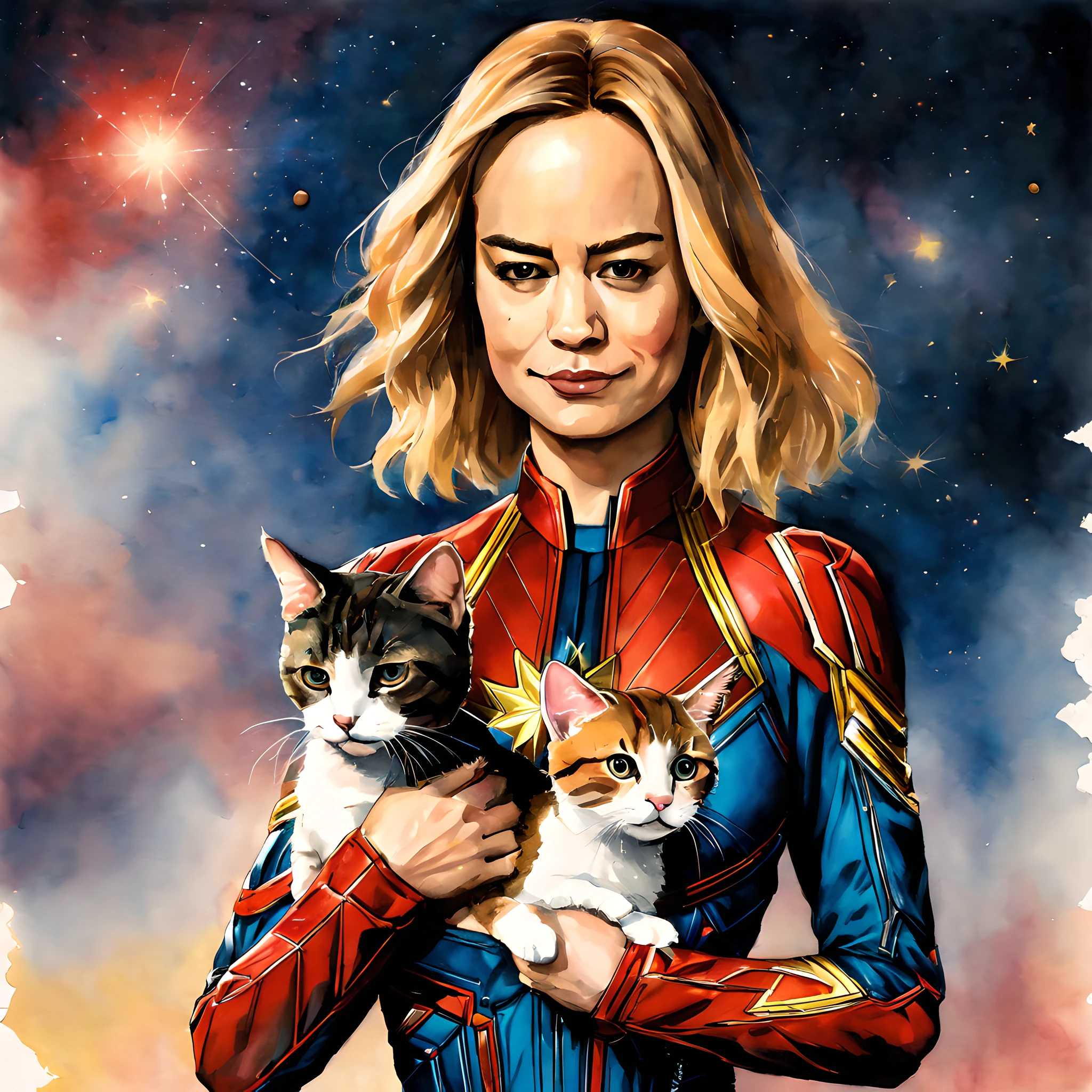 (Goose cat and Captain Marvel:1.5), (Marvel theme:1.5), (ink and watercolor painting:1.5), (Tasteful:1.5), (ink and watercolor painting:1.5), (full color:1.5), 8k, 4k, (landscapes:1.5), (standin at Universe:1.5), (captain marvel holding a cat:1.5),(universe:1.5), (space:1.5),