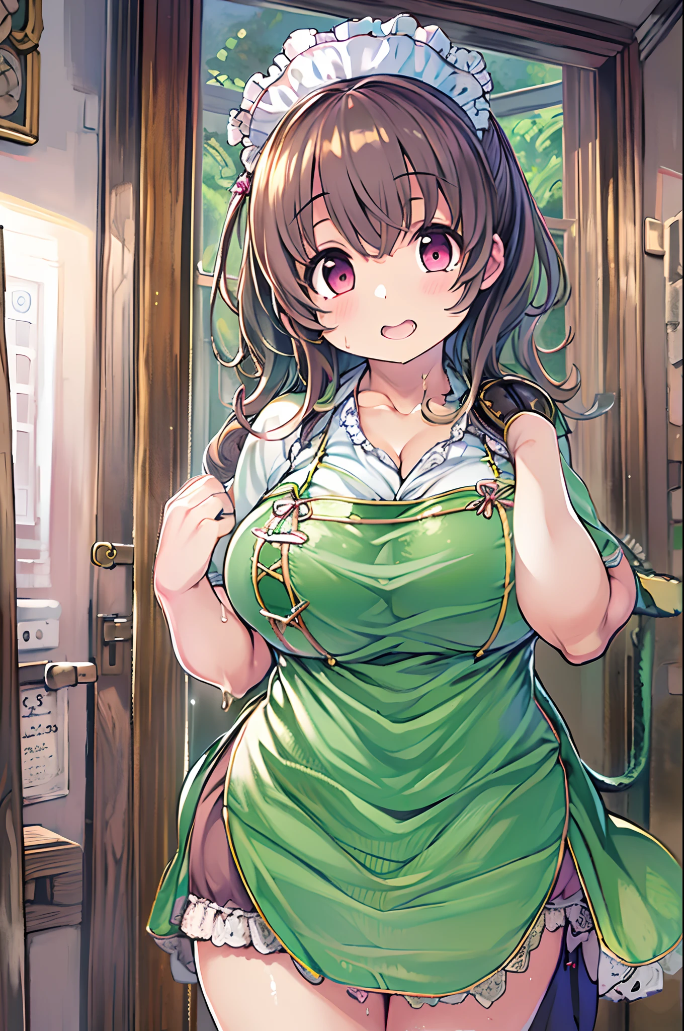 JPNIDOL, 1girl in, masutepiece, High quality, Looking at Viewer,bbw、huge-breasted、entranceway、Wearing an apron、meeting、