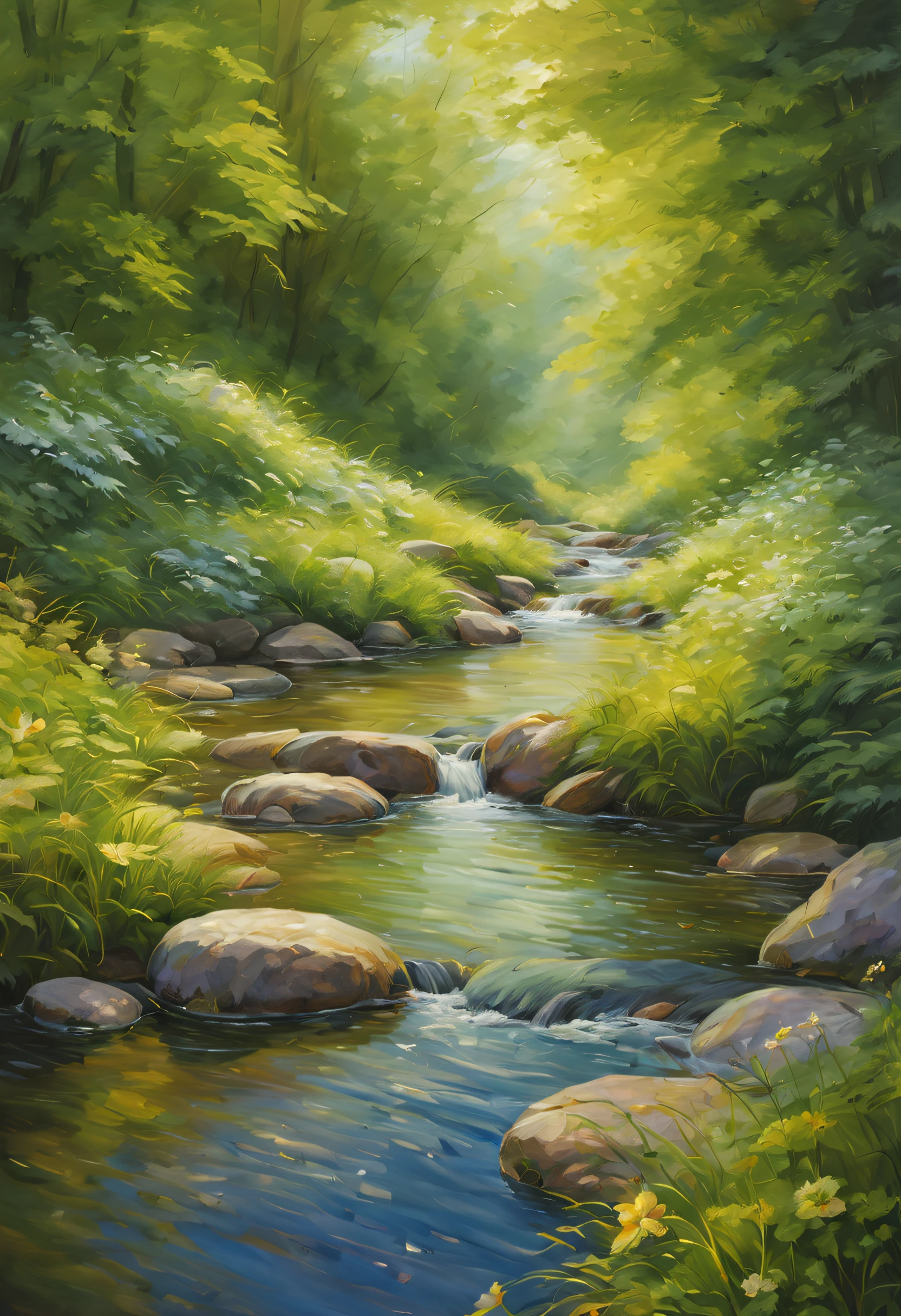 (best quality,highres,masterpiece:1.2),oil painted,Tranquil stream,natural looking stream,exquisite detailing,realistic water flow,serene atmosphere,peaceful riverside,shimmering reflection on water surface,glistening pebbles,asymmetrically shaped stones,lush green grass,soft and delicate moss growing on rocks,fragrant wildflowers dotting the river bank,playful sunlight peeking through the foliage,harmonious blend of colors,elegant brush strokes,subtle color variations,meticulous attention to texture and light effects,impressionistic style,expressive use of light and shadow,impression of depth and perspective,vibrant and vivid hues,painterly rendering of nature's beauty,evoke a sense of tranquility and calm,invite the viewer to immerse themselves in the peacefulness of the scene.