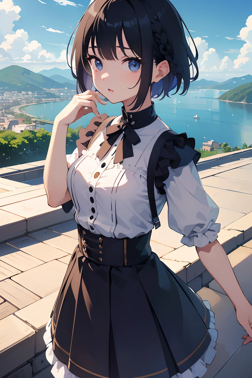 masutepiece, Best quality,illustration, the wallpaper, Ultra detail, absurderes, 1Blittle girl、 Solo, (Medium short hair、short braided hair), Beautiful ultra-detailed eyes , Hair fluttering in the wind、:Tai、 Beautiful sky、(in a panoramic view:1.5)