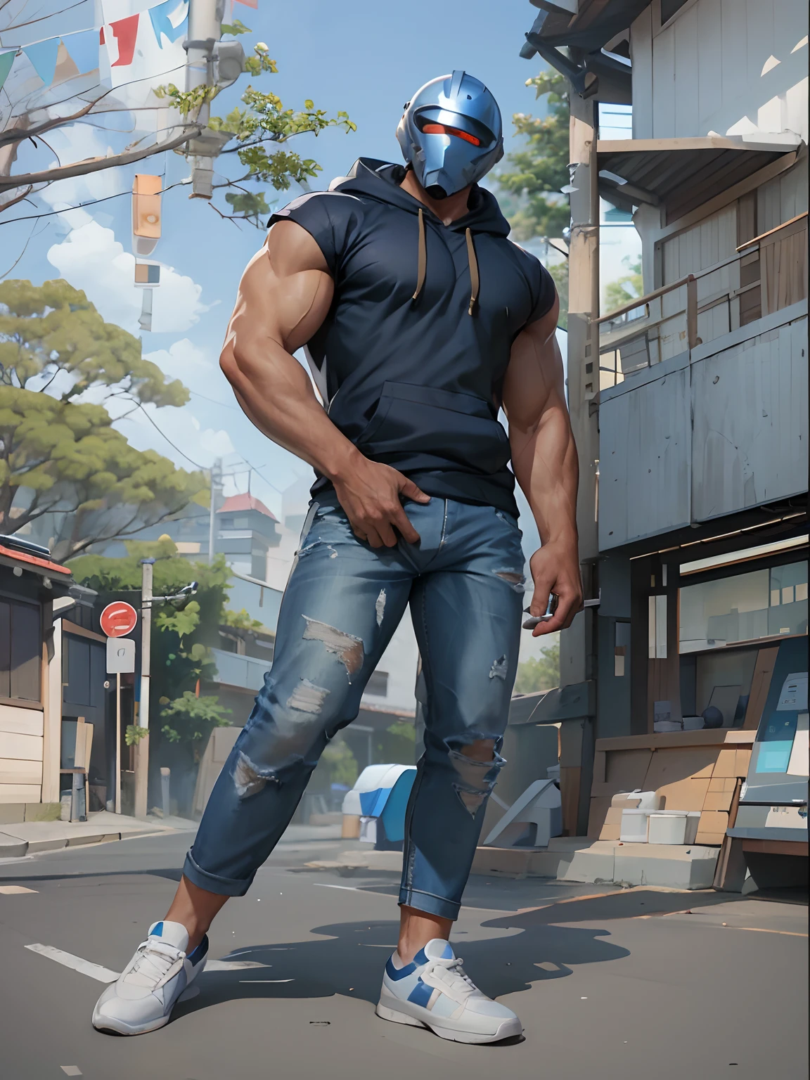 Muscular male, faceless, helmet covering all of face, futuristic helmet, dark blue slaveless hoodie, blue jeans, white shoes, quiet japanese street home background
